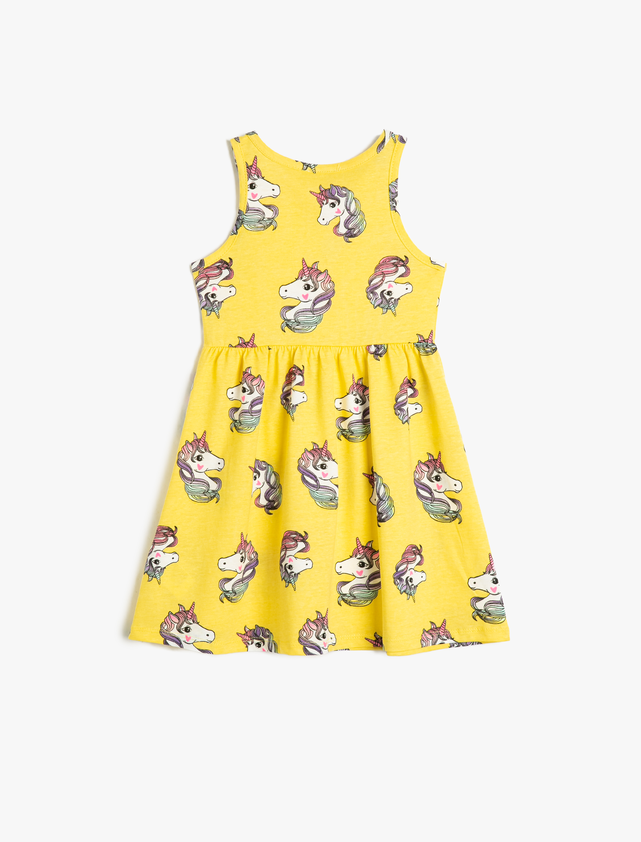  Kız Çocuk Penye Elbise Kolsuz Yuvarlak Yaka Unicorn Baskılı Pamuklu