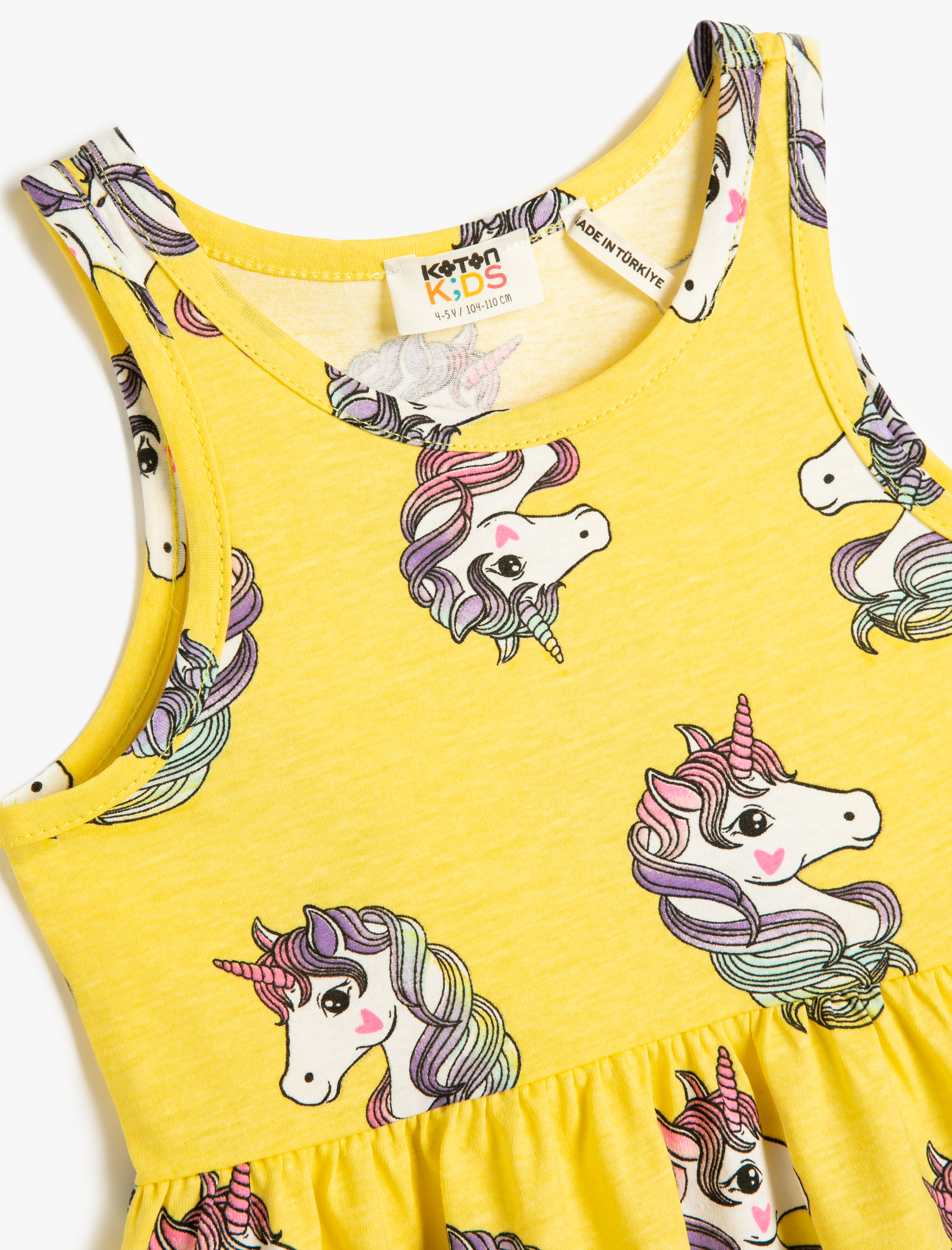  Kız Çocuk Penye Elbise Kolsuz Yuvarlak Yaka Unicorn Baskılı Pamuklu