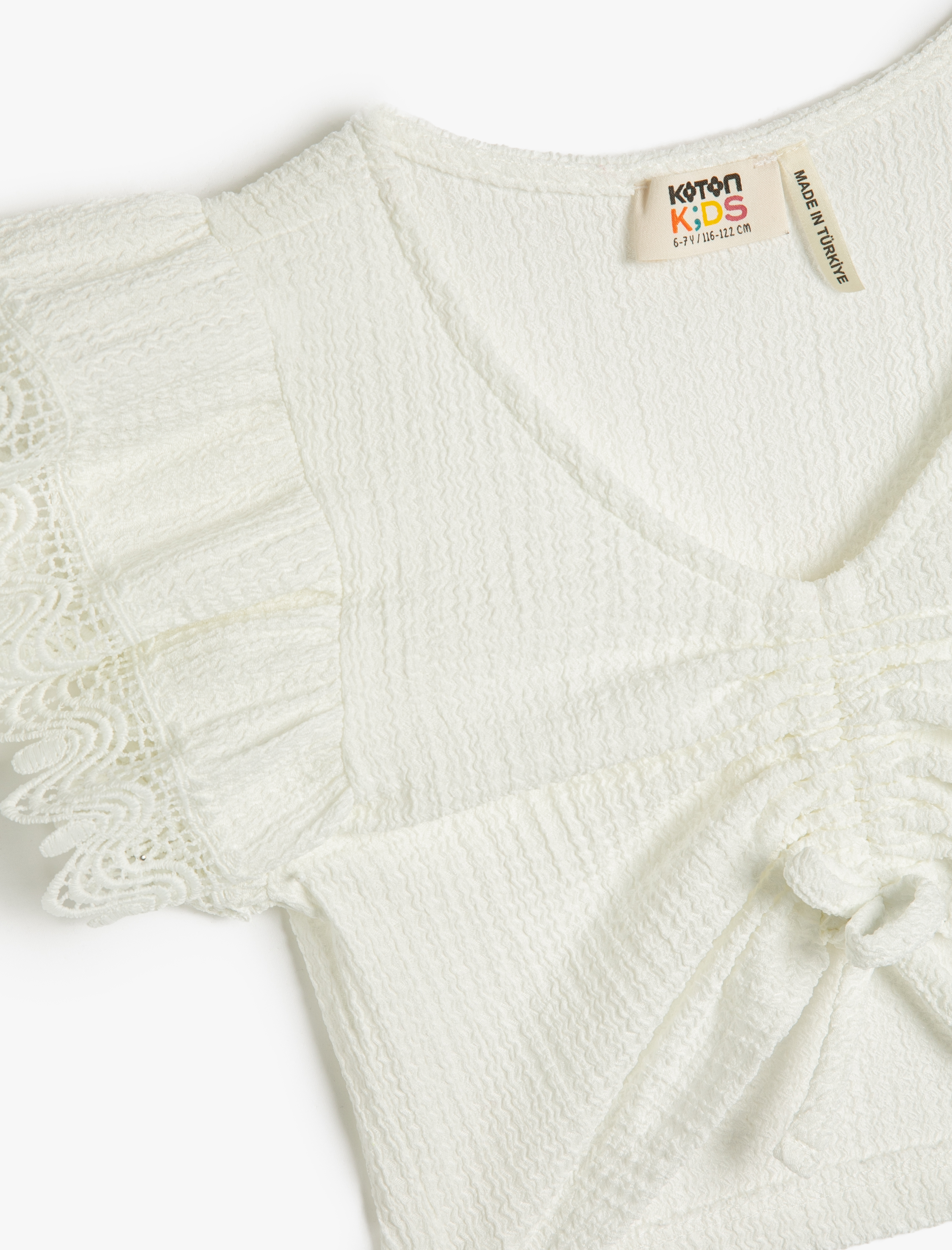  Kız Çocuk Crop Bluz Önü Büzgülü Kısa Kollu Dantel Detaylı