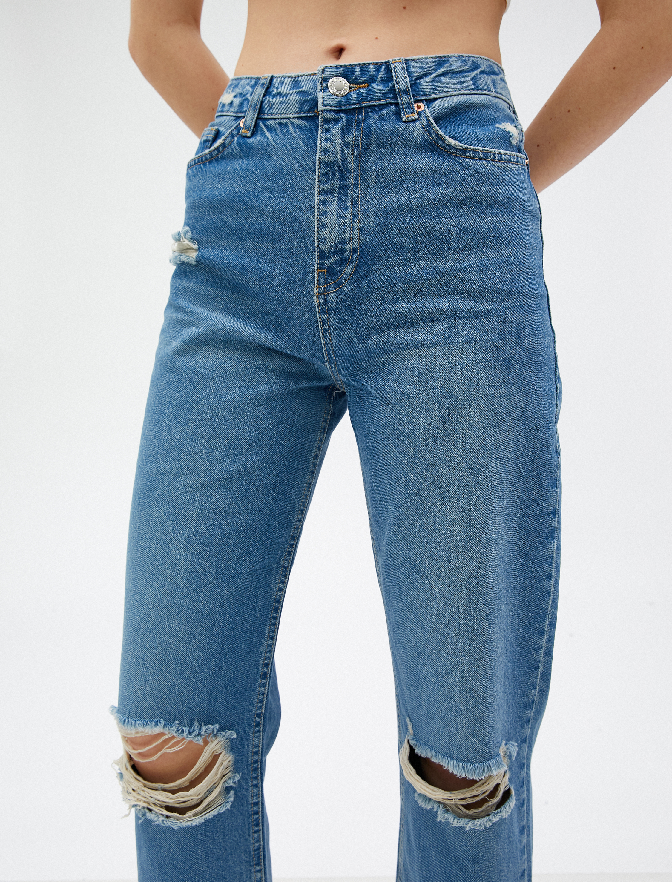   Yüksek Bel Straight Jean Kot Pantolon Yırtık Düz Paça- Eve Jeans