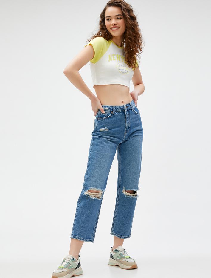  Yüksek Bel Straight Jean Kot Pantolon Yırtık Düz Paça- Eve Jeans