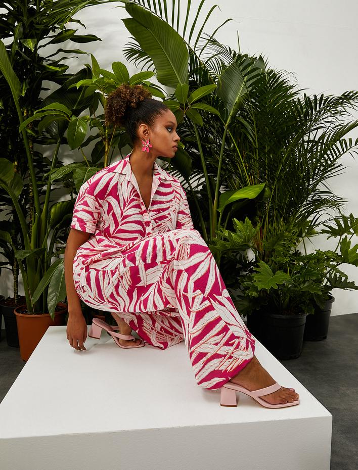  Tropikal Baskılı Palazzo Pantolon Cepli