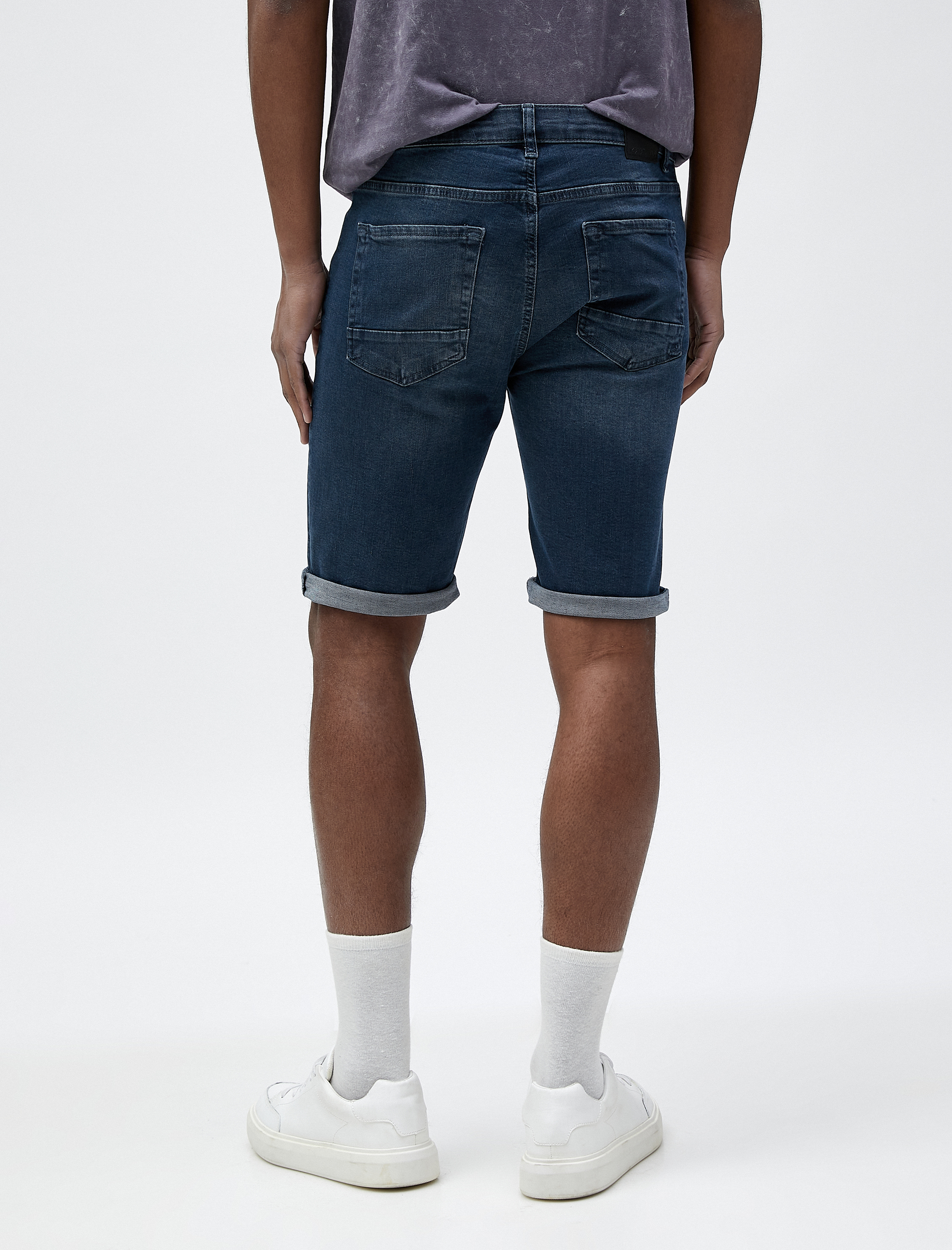   Bermuda Kot Şort Katlı Paça Detaylı Düğmeli Cepli Pamuklu