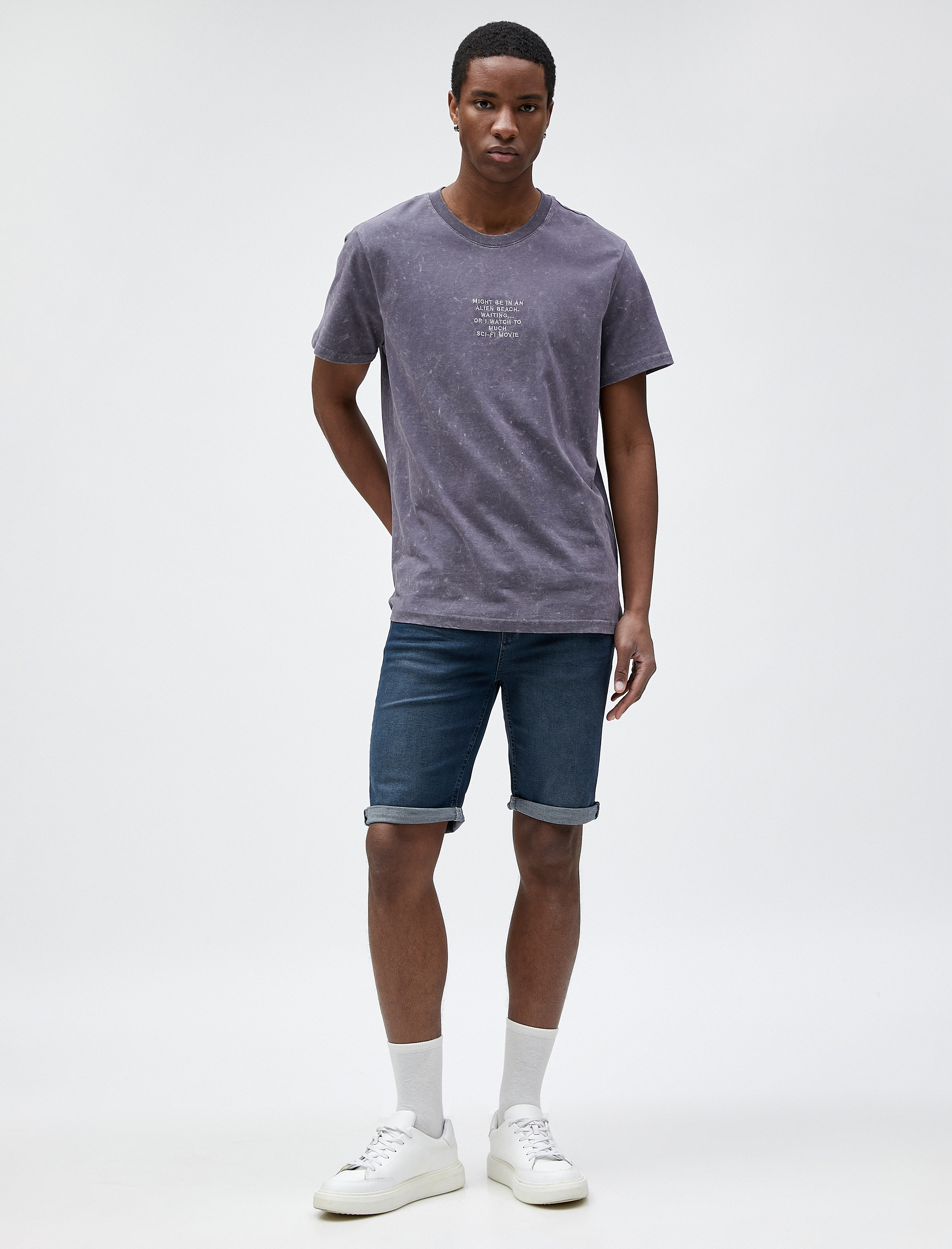   Bermuda Kot Şort Katlı Paça Detaylı Düğmeli Cepli Pamuklu