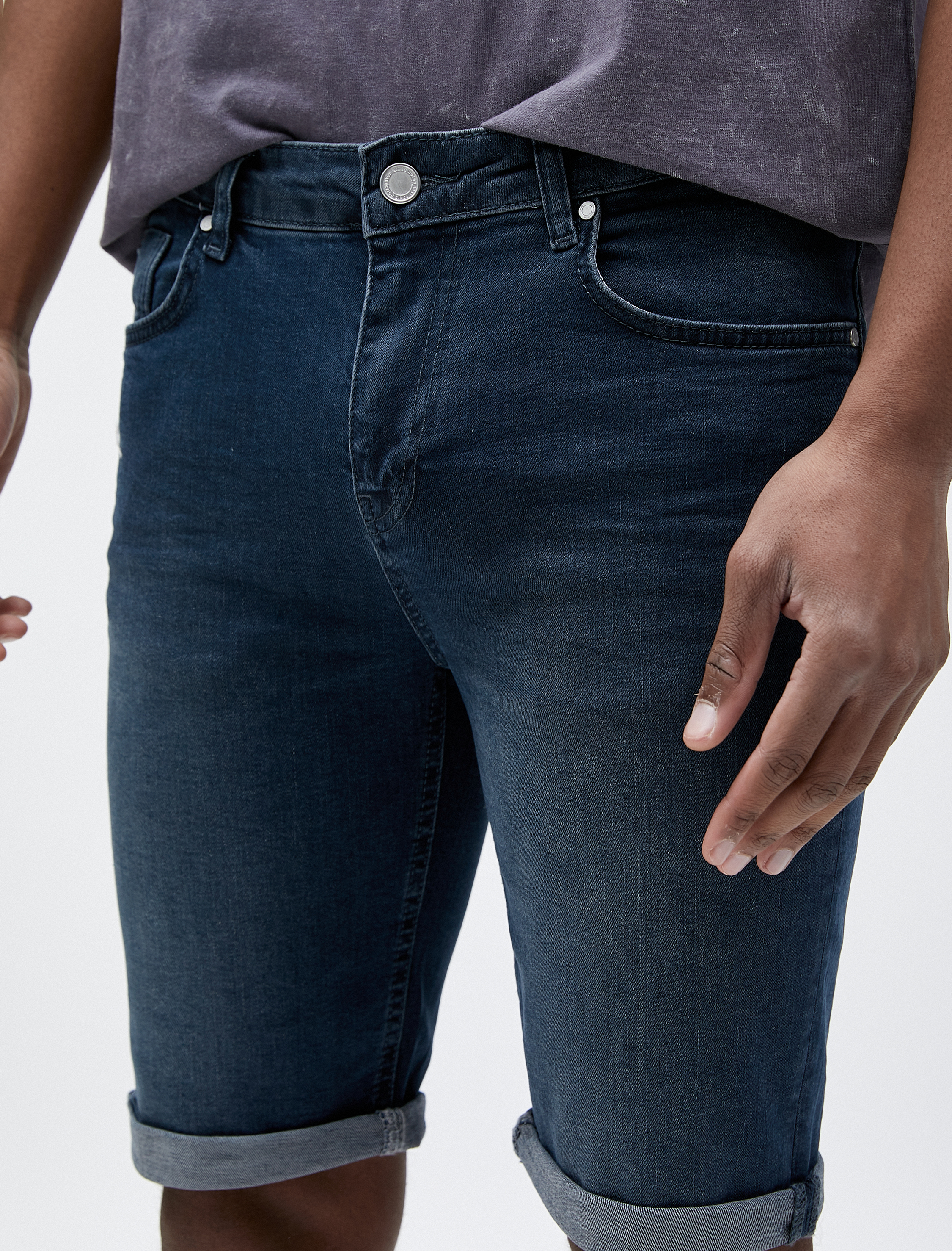   Bermuda Kot Şort Katlı Paça Detaylı Düğmeli Cepli Pamuklu