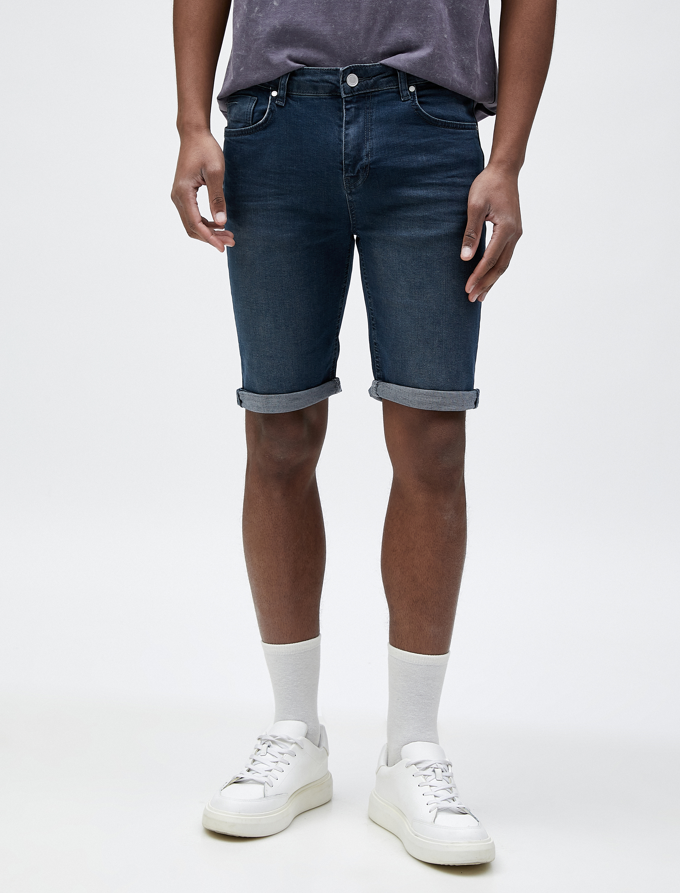   Bermuda Kot Şort Katlı Paça Detaylı Düğmeli Cepli Pamuklu