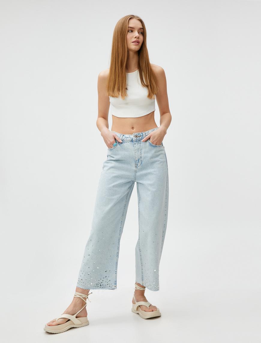   Crop Bol Paça Kot Pantolon Taş İşlemeli - Bianca Crop Jean