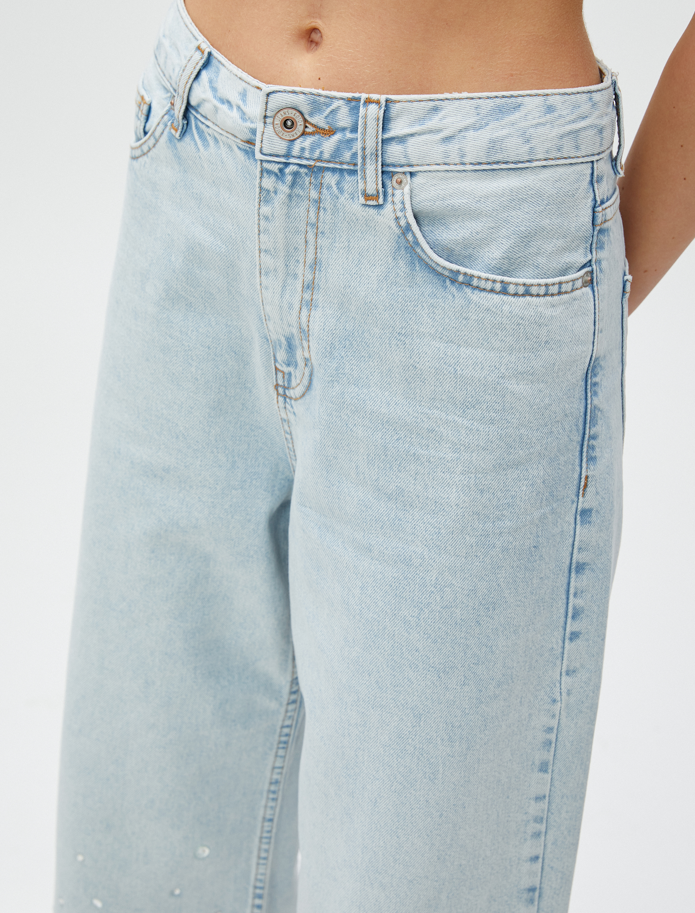   Crop Bol Paça Kot Pantolon Taş İşlemeli - Bianca Crop Jean