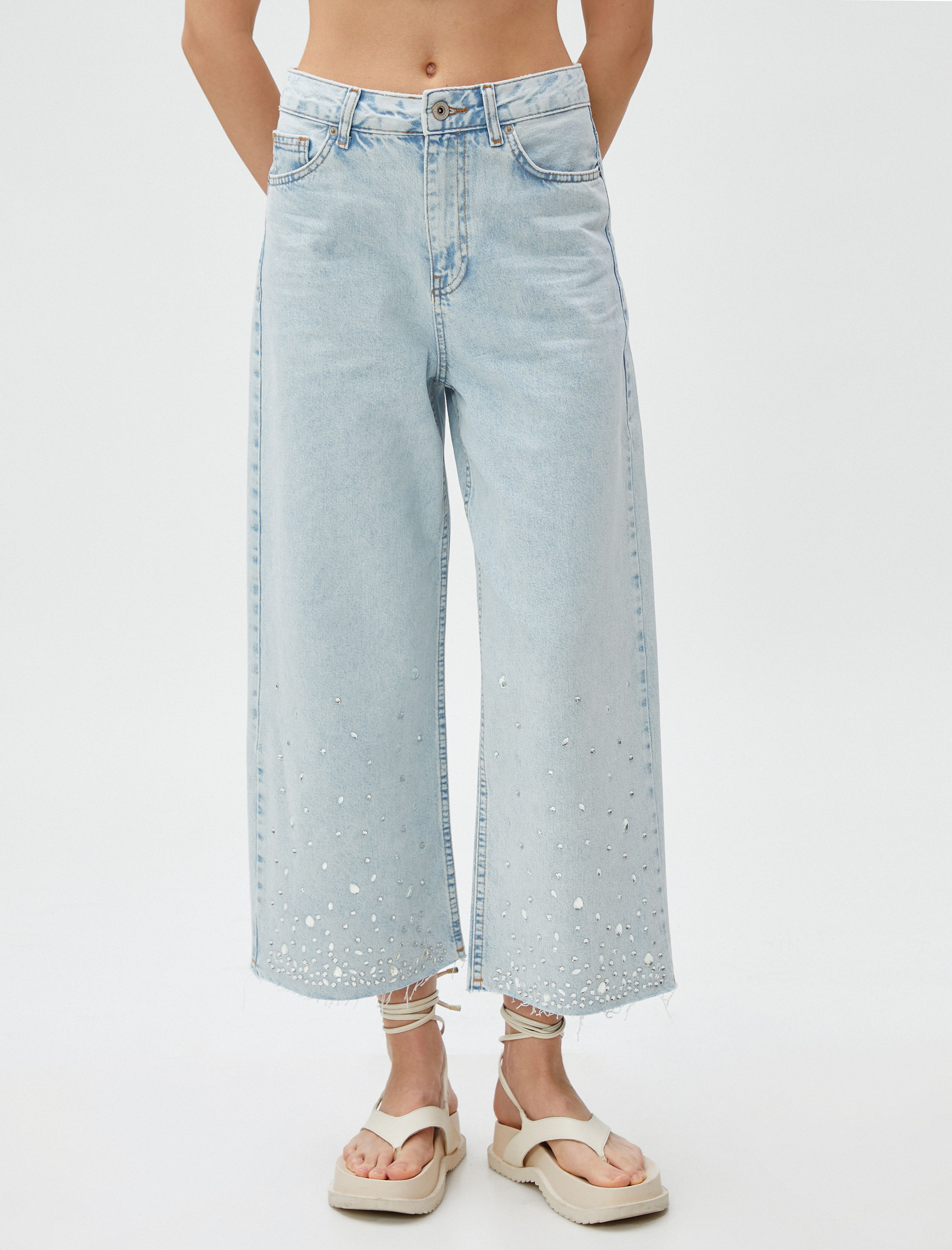   Crop Bol Paça Kot Pantolon Taş İşlemeli - Bianca Crop Jean