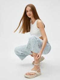 Crop Bol Paça Kot Pantolon Taş İşlemeli - Bianca Crop Jean