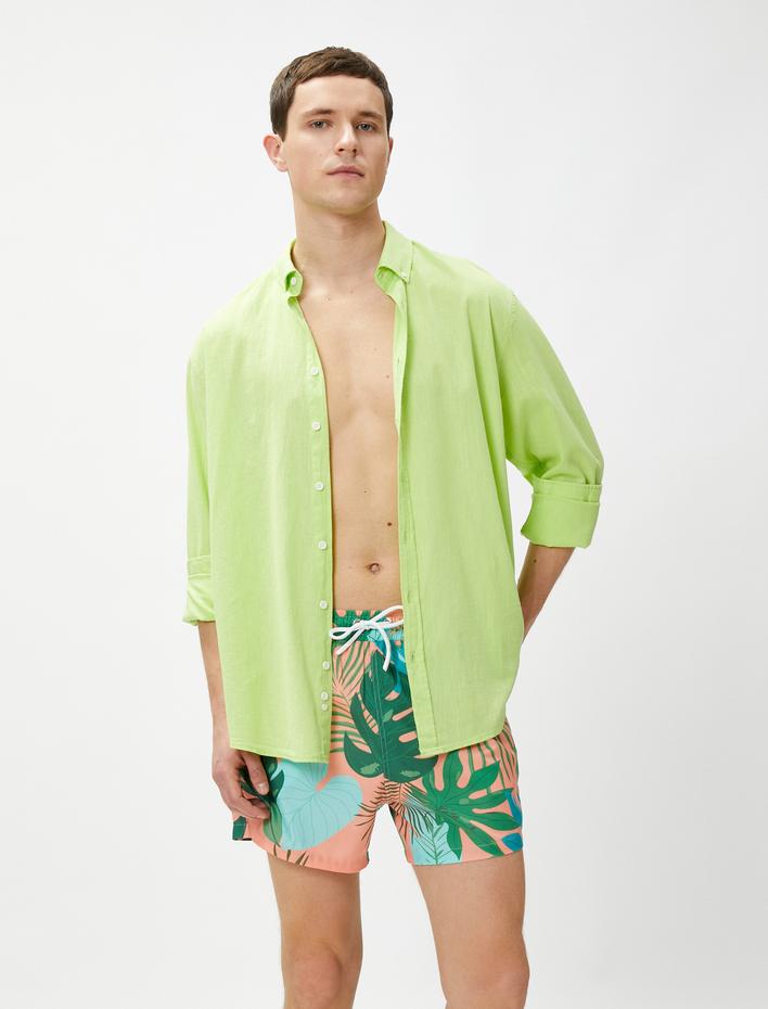  Deniz Şortu Tropikal Baskılı Beli Bağcıklı Cep Detaylı