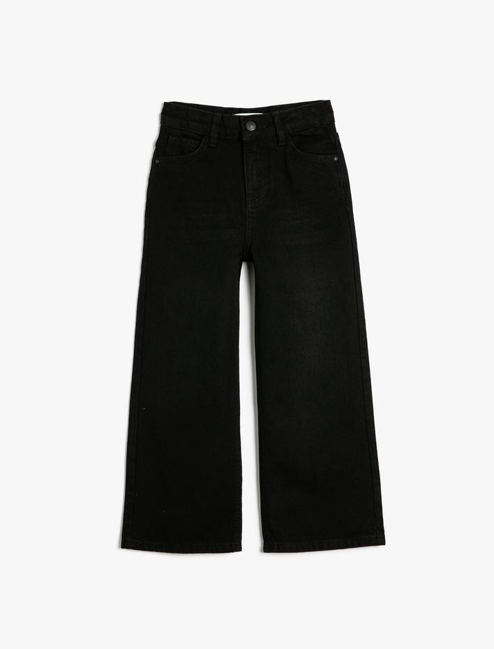 Kız Çocuk Kot Pantolon Bol Paça Cepli Pamuklu - Wide Leg Jean