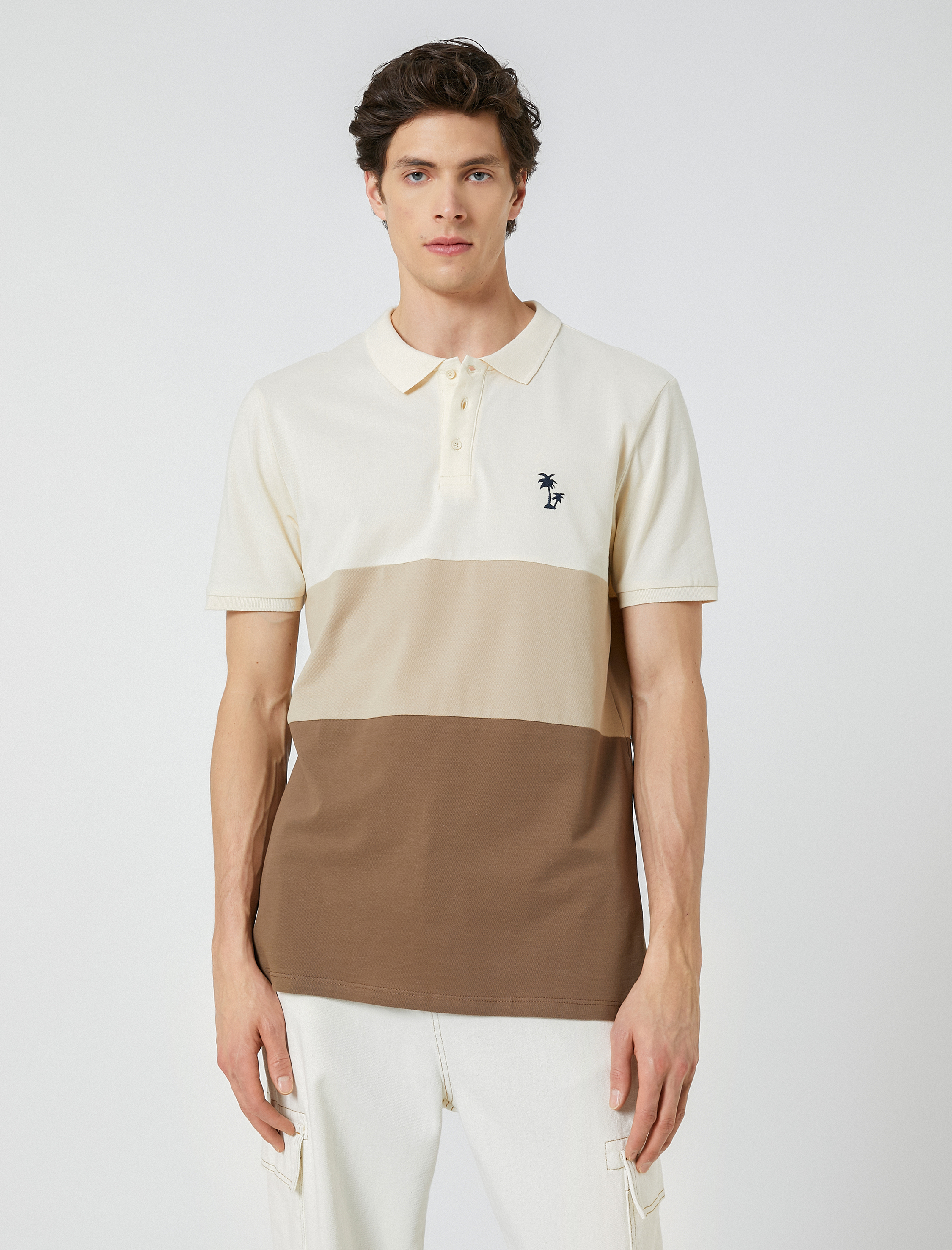   Polo Yaka Tişört Palmiye Baskılı Düğmeli Renk Bloklu Kısa Kollu