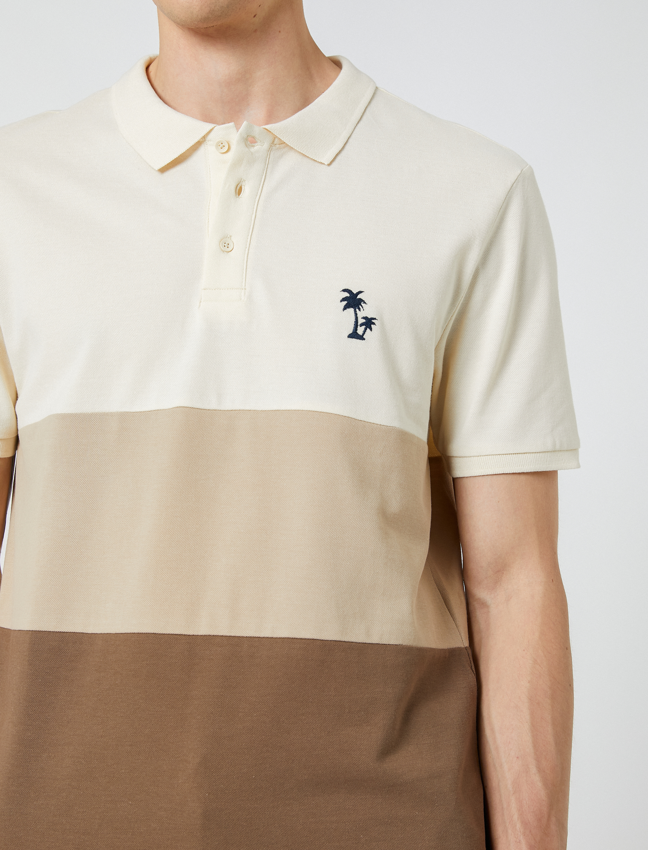   Polo Yaka Tişört Palmiye Baskılı Düğmeli Renk Bloklu Kısa Kollu