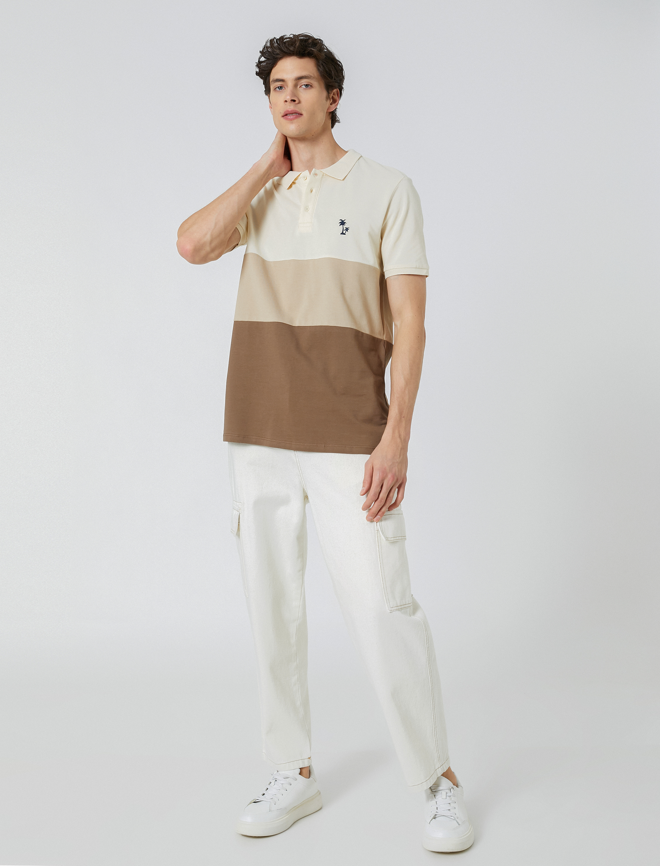   Polo Yaka Tişört Palmiye Baskılı Düğmeli Renk Bloklu Kısa Kollu