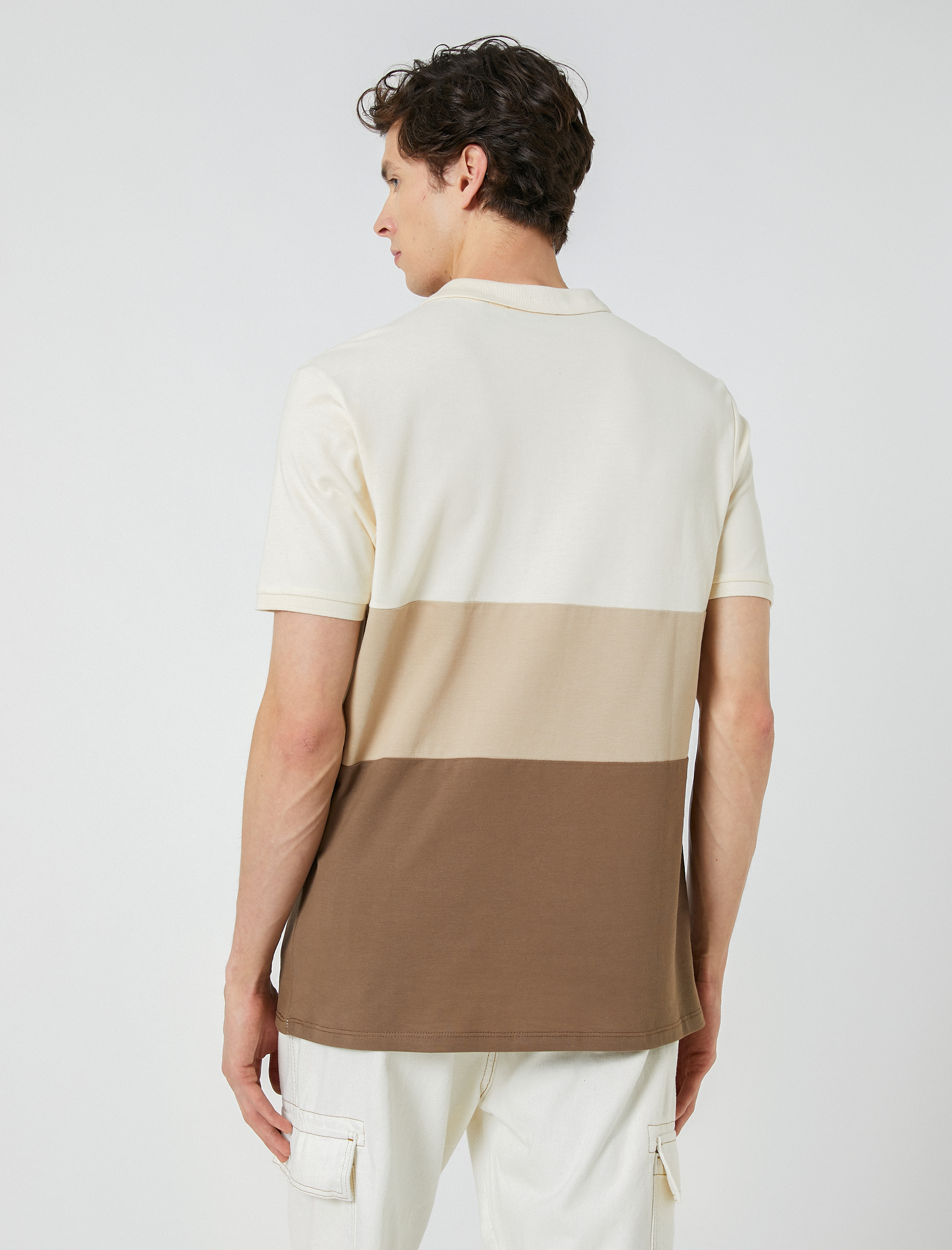   Polo Yaka Tişört Palmiye Baskılı Düğmeli Renk Bloklu Kısa Kollu