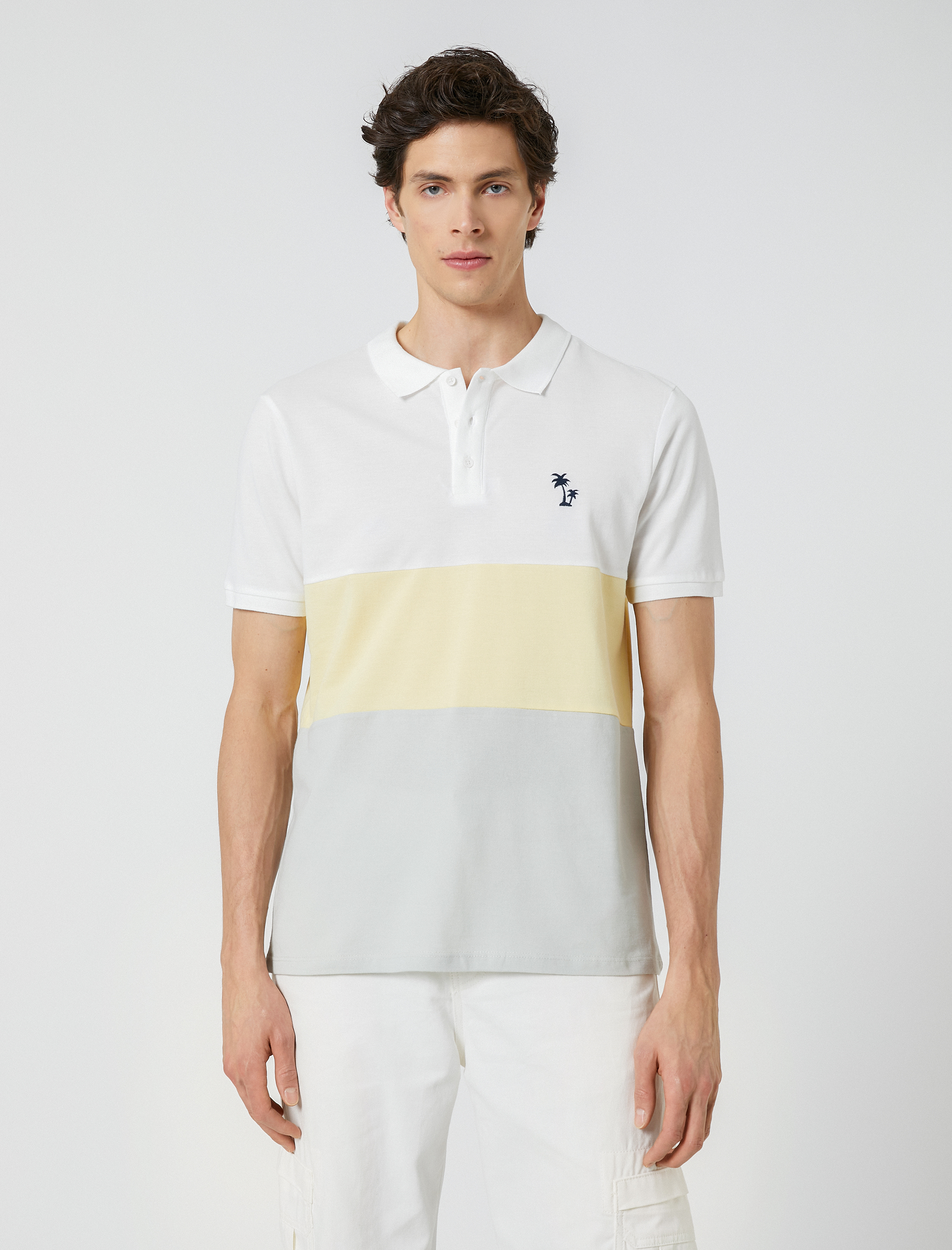   Polo Yaka Tişört Palmiye Baskılı Düğmeli Renk Bloklu Kısa Kollu