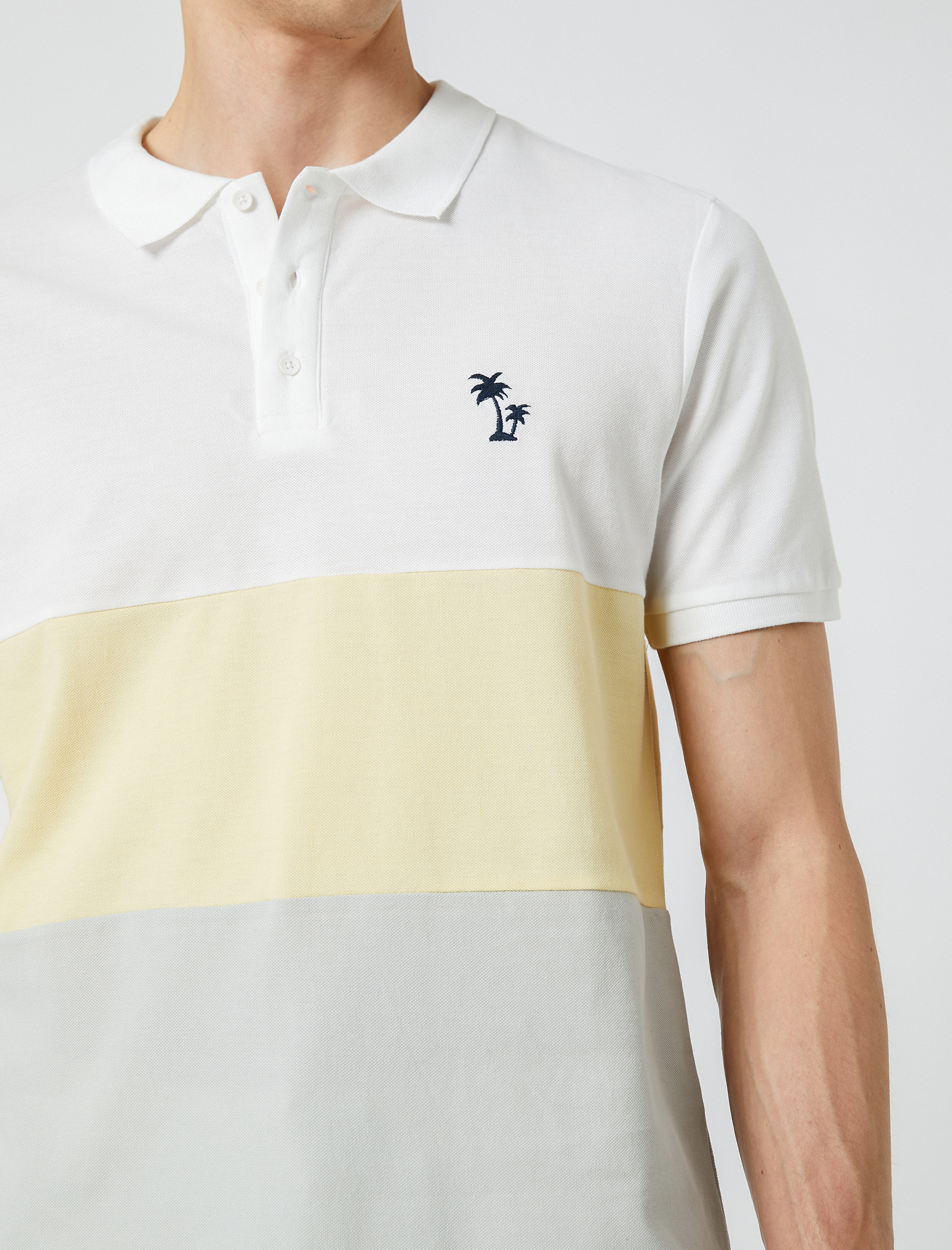   Polo Yaka Tişört Palmiye Baskılı Düğmeli Renk Bloklu Kısa Kollu