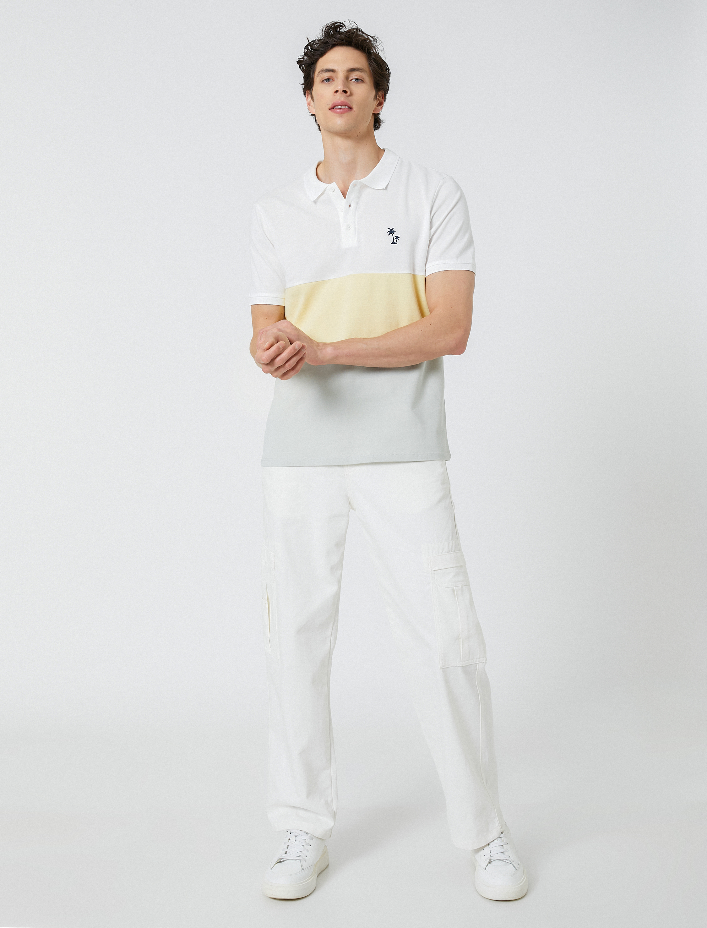   Polo Yaka Tişört Palmiye Baskılı Düğmeli Renk Bloklu Kısa Kollu