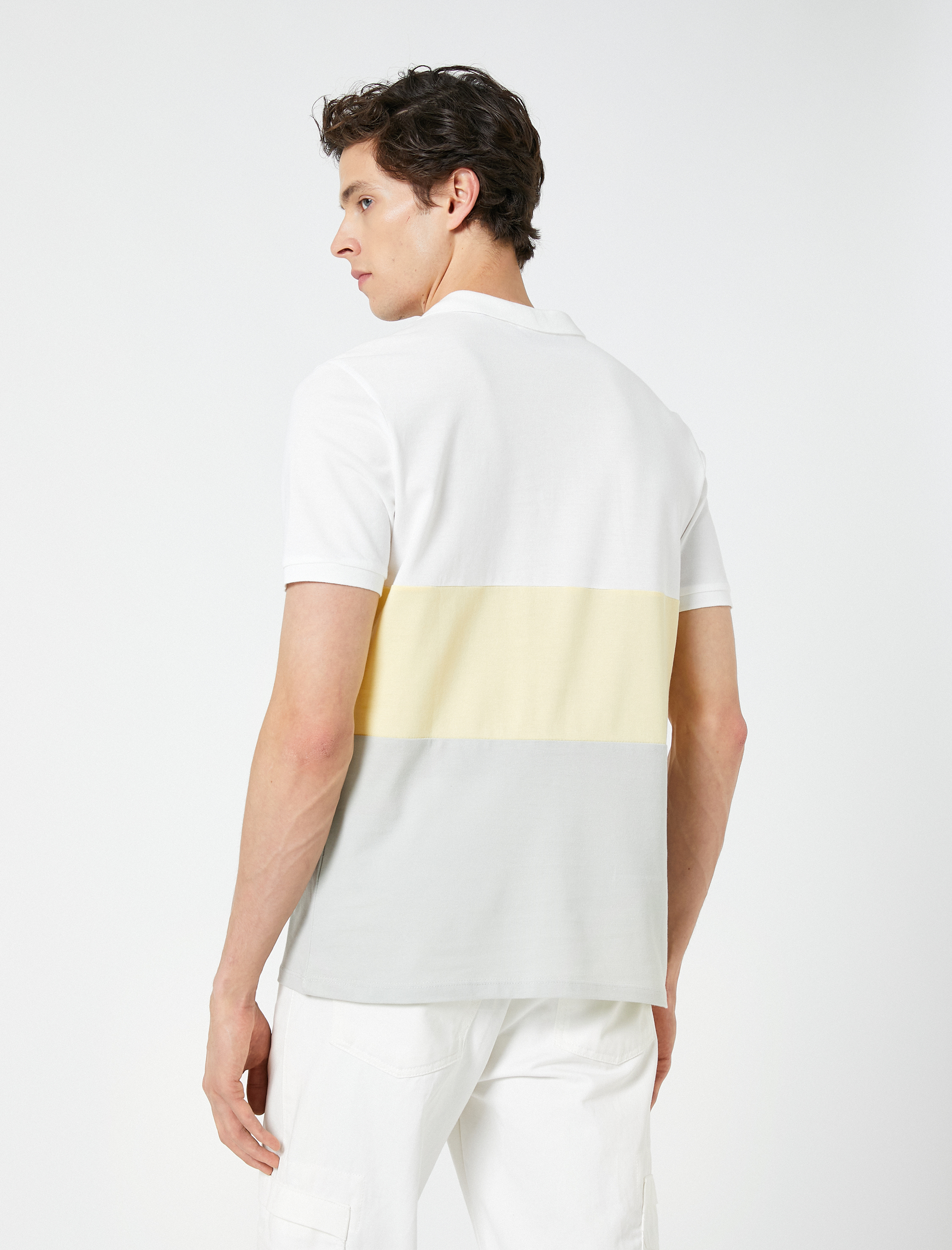   Polo Yaka Tişört Palmiye Baskılı Düğmeli Renk Bloklu Kısa Kollu