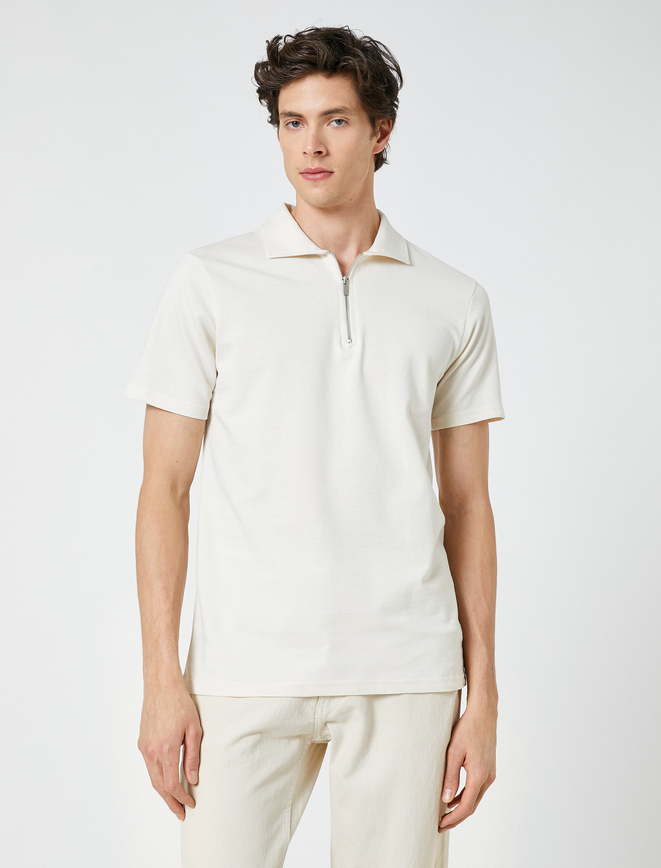   Fermuarlı Tişört Polo Yaka Kısa Kollu Pamuklu