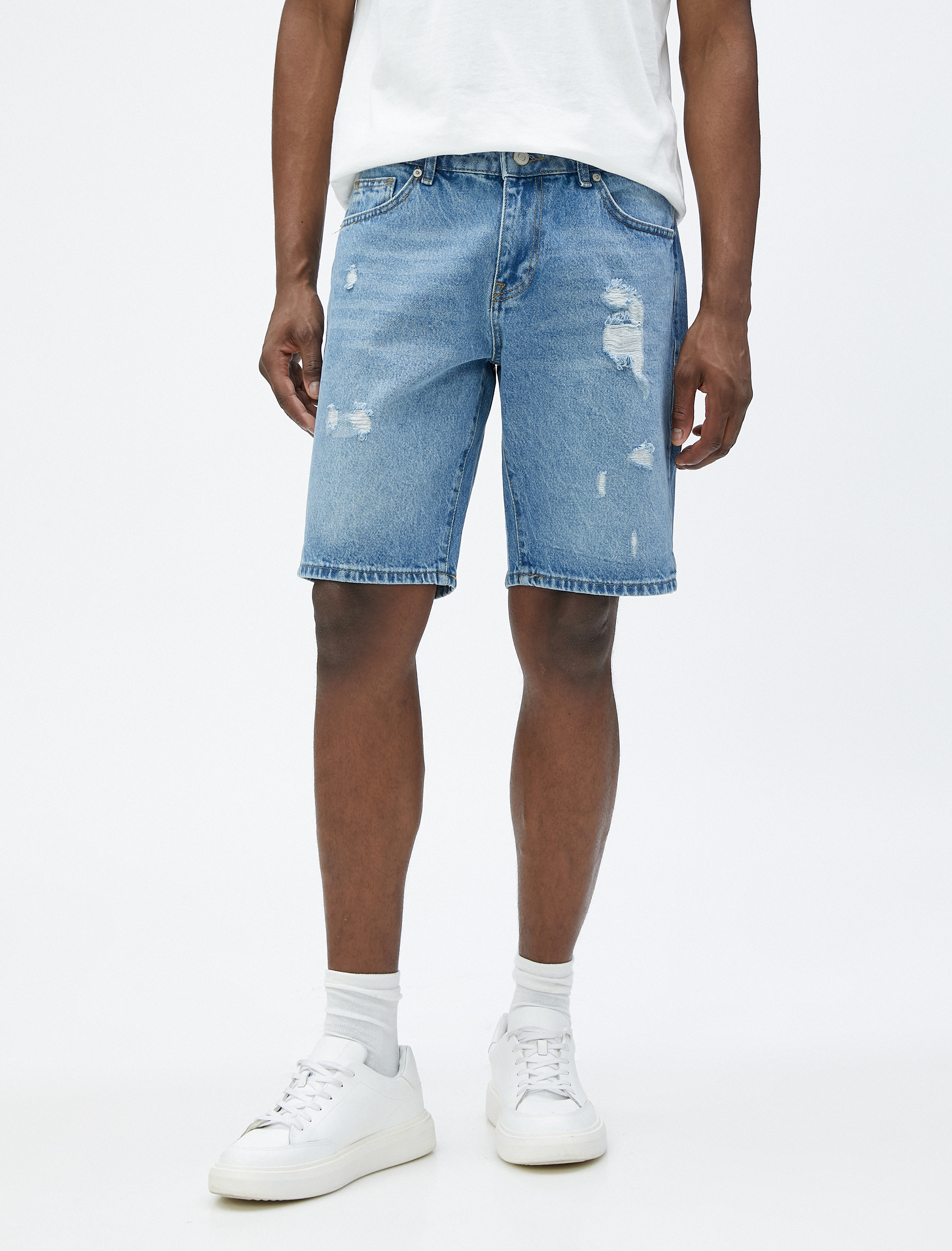   Yırtık Kot Şort Bermuda Cep Detaylı Düğmeli Pamuklu