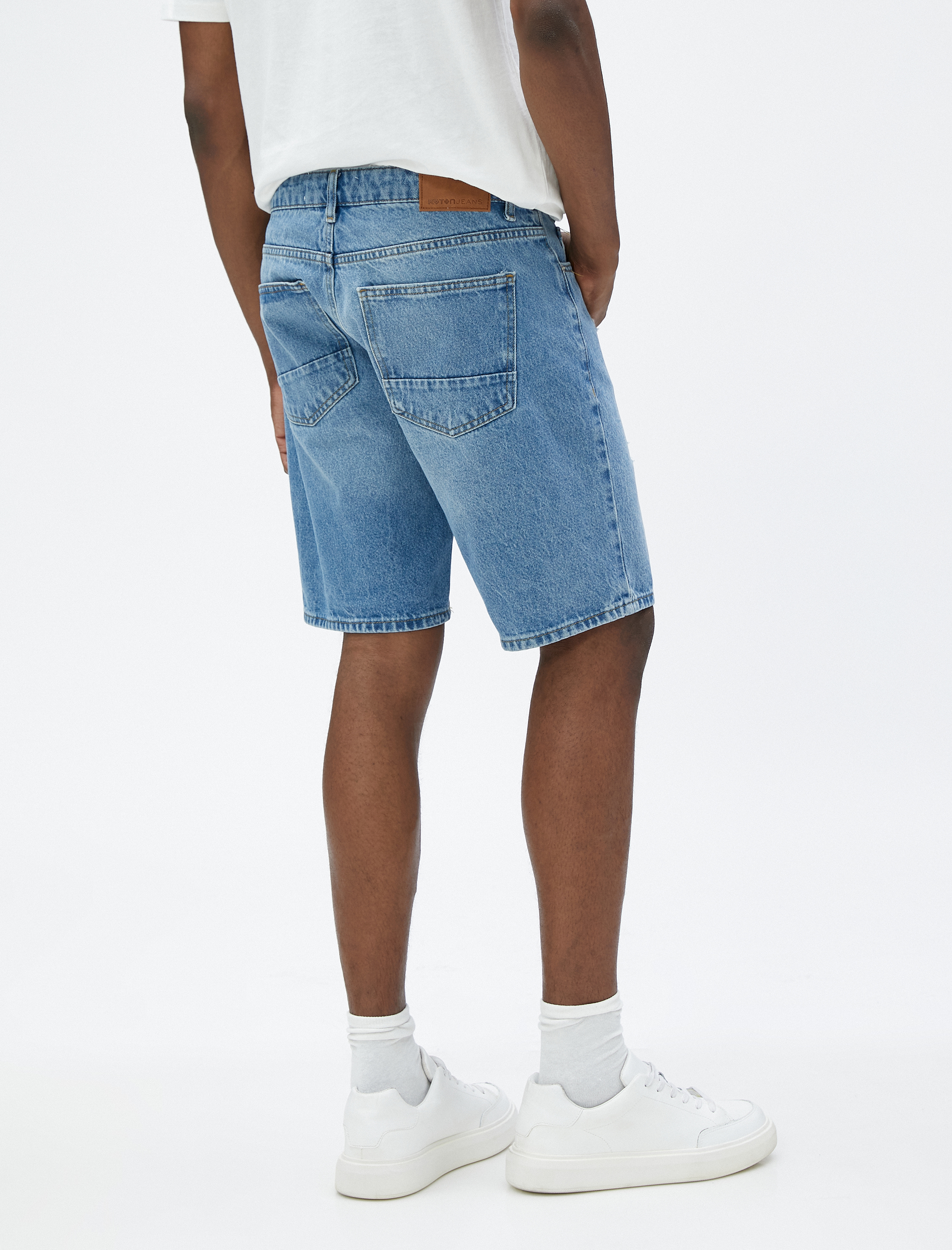   Yırtık Kot Şort Bermuda Cep Detaylı Düğmeli Pamuklu