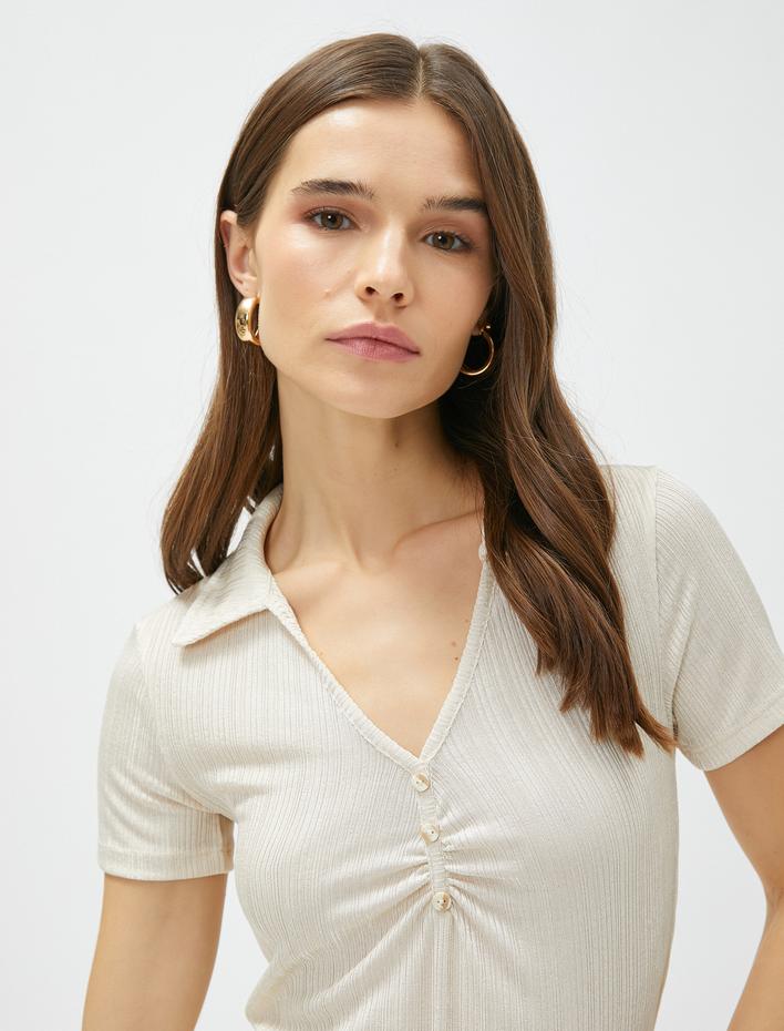  Crop Polo Tişört Çizgili Drape Detaylı