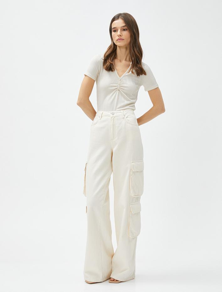 Crop Polo Tişört Çizgili Drape Detaylı