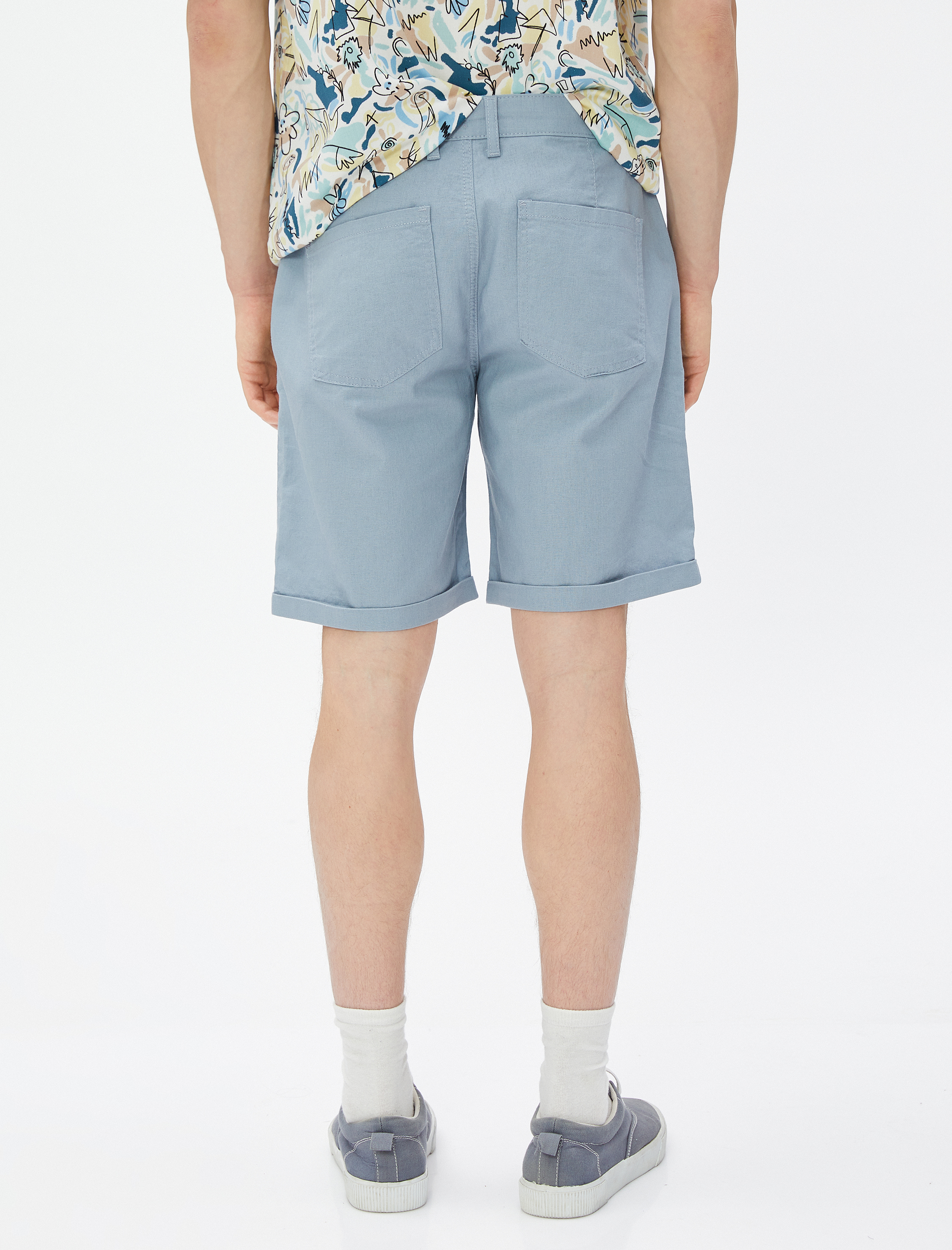   Keten Karışımlı Şort Bermuda Beli Bağcıklı Düğmeli Cep Detaylı