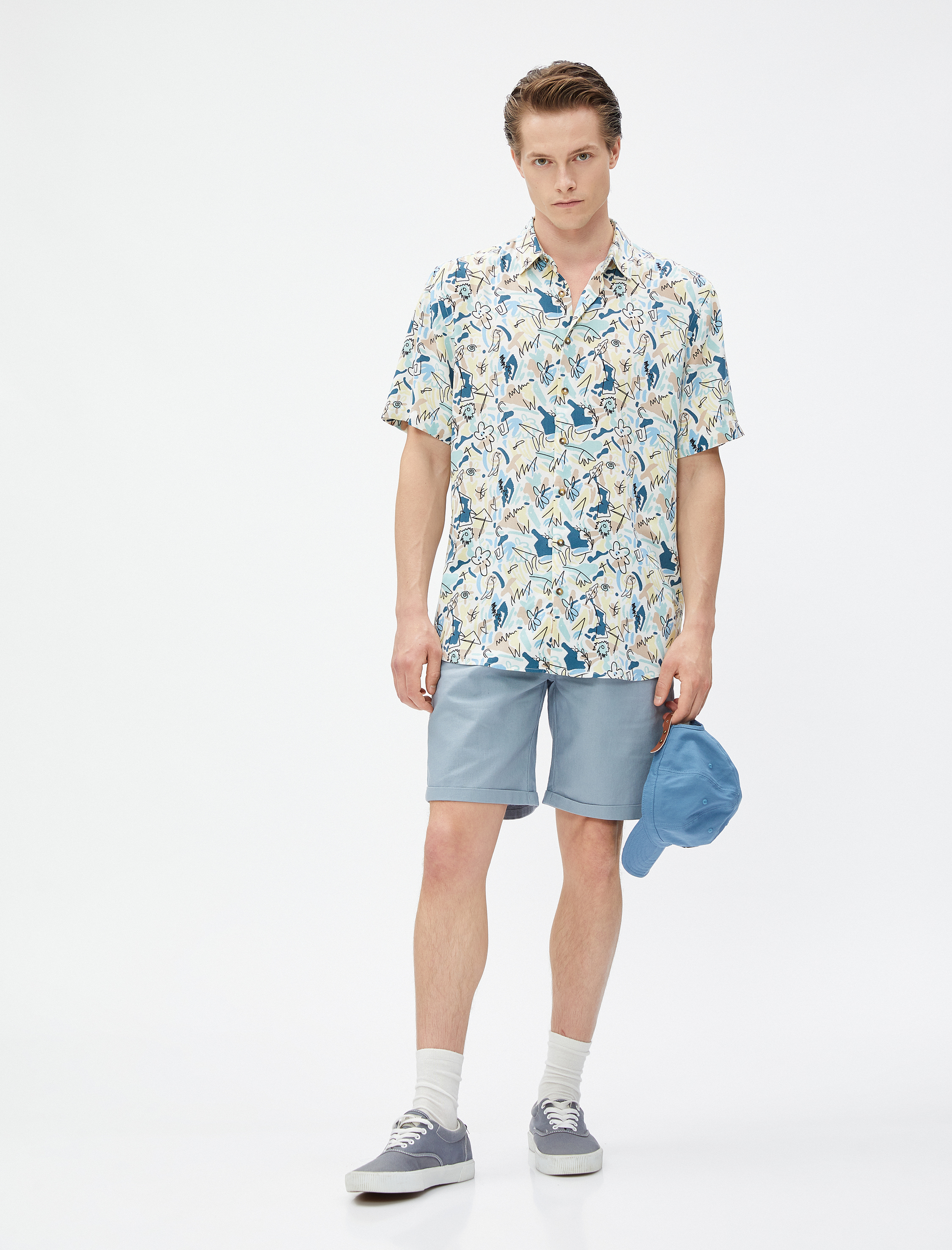   Keten Karışımlı Şort Bermuda Beli Bağcıklı Düğmeli Cep Detaylı