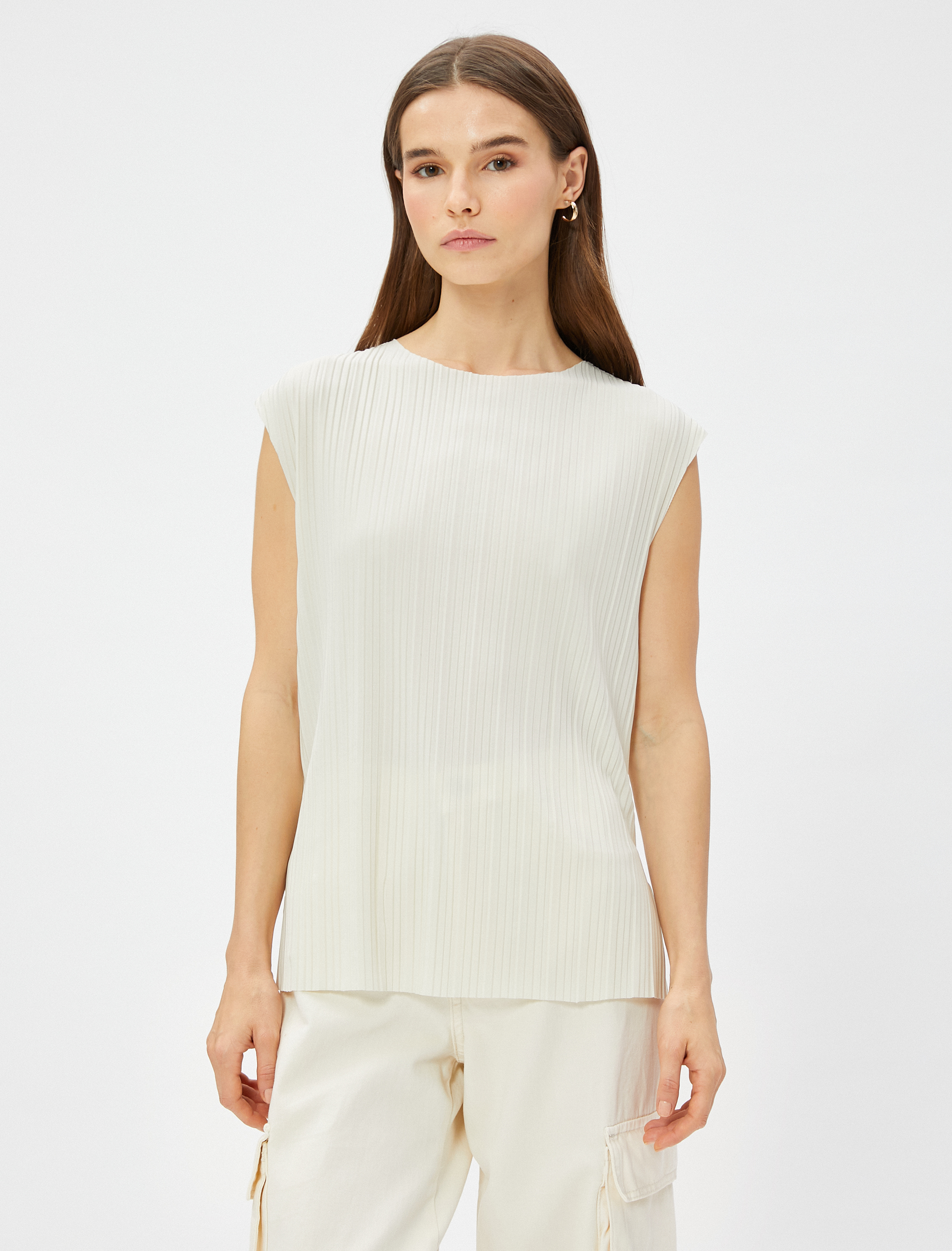   Çizgili Tişört Kolsuz Yırtmaç Detaylı