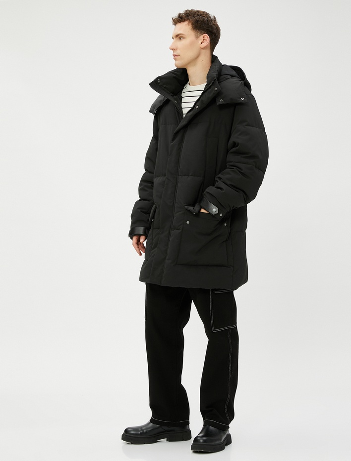  Şişme Mont Kapşonlu Cepli Deri Görünüm Detaylı Fermuarlı