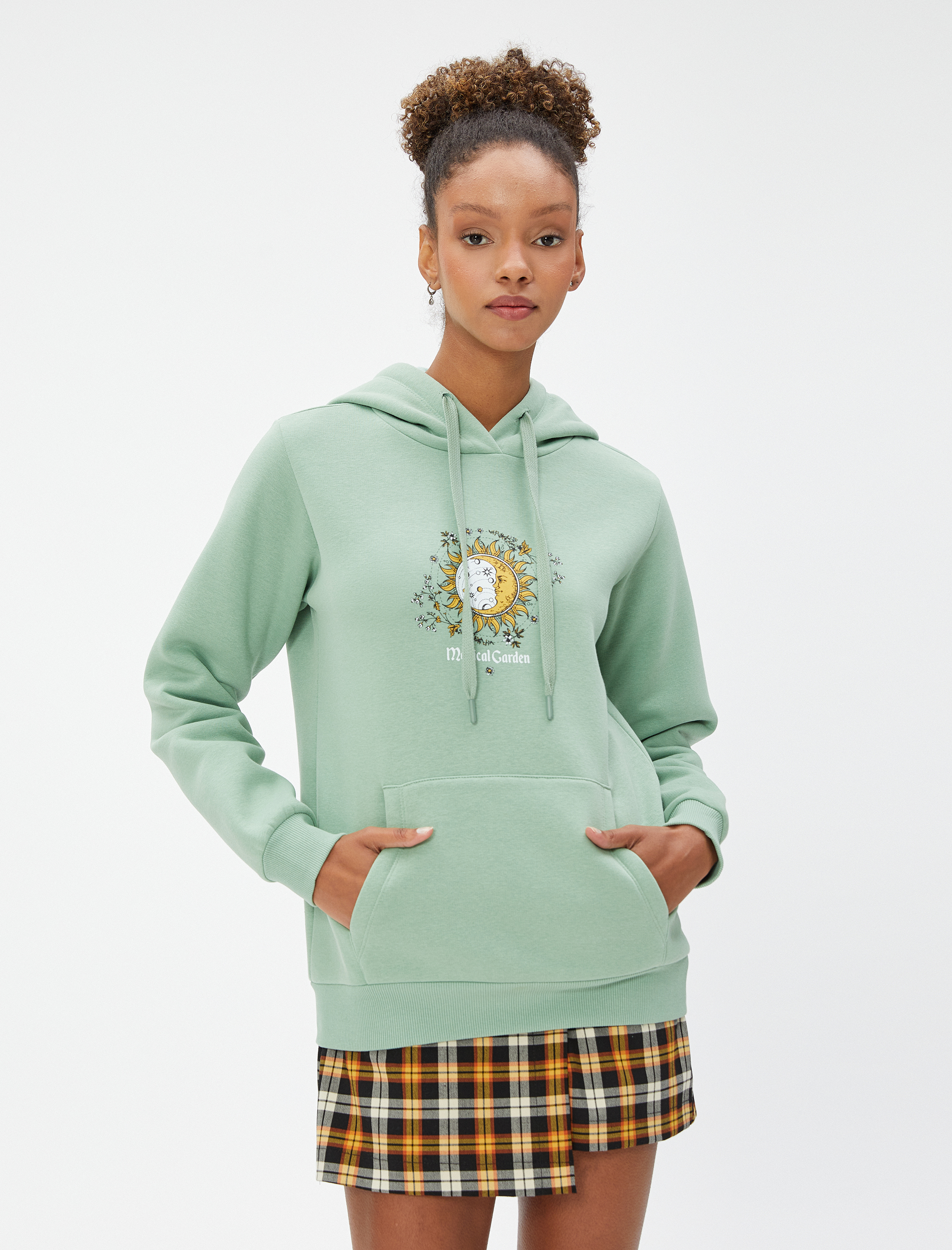   Şardonlu Kapüşonlu Sweatshirt Baskılı Kanguru Cepli Uzun Kollu