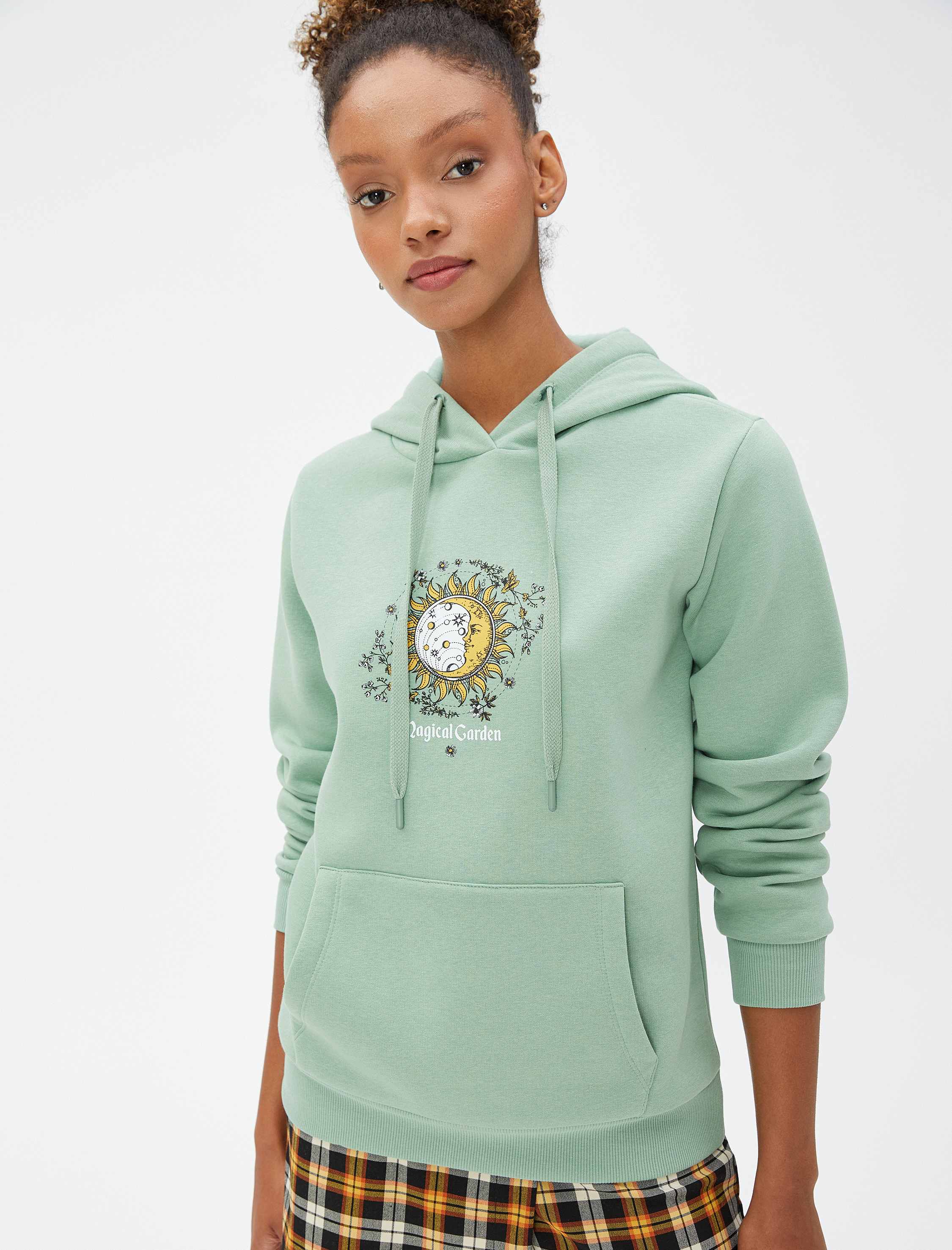   Şardonlu Kapüşonlu Sweatshirt Baskılı Kanguru Cepli Uzun Kollu