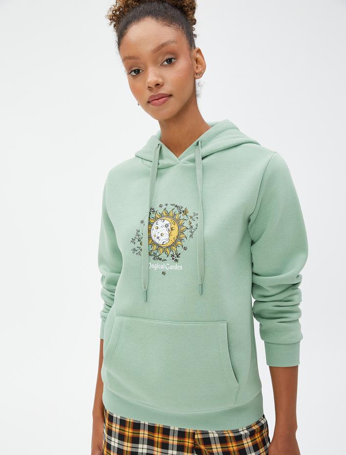  Şardonlu Kapüşonlu Sweatshirt Baskılı Kanguru Cepli Uzun Kollu