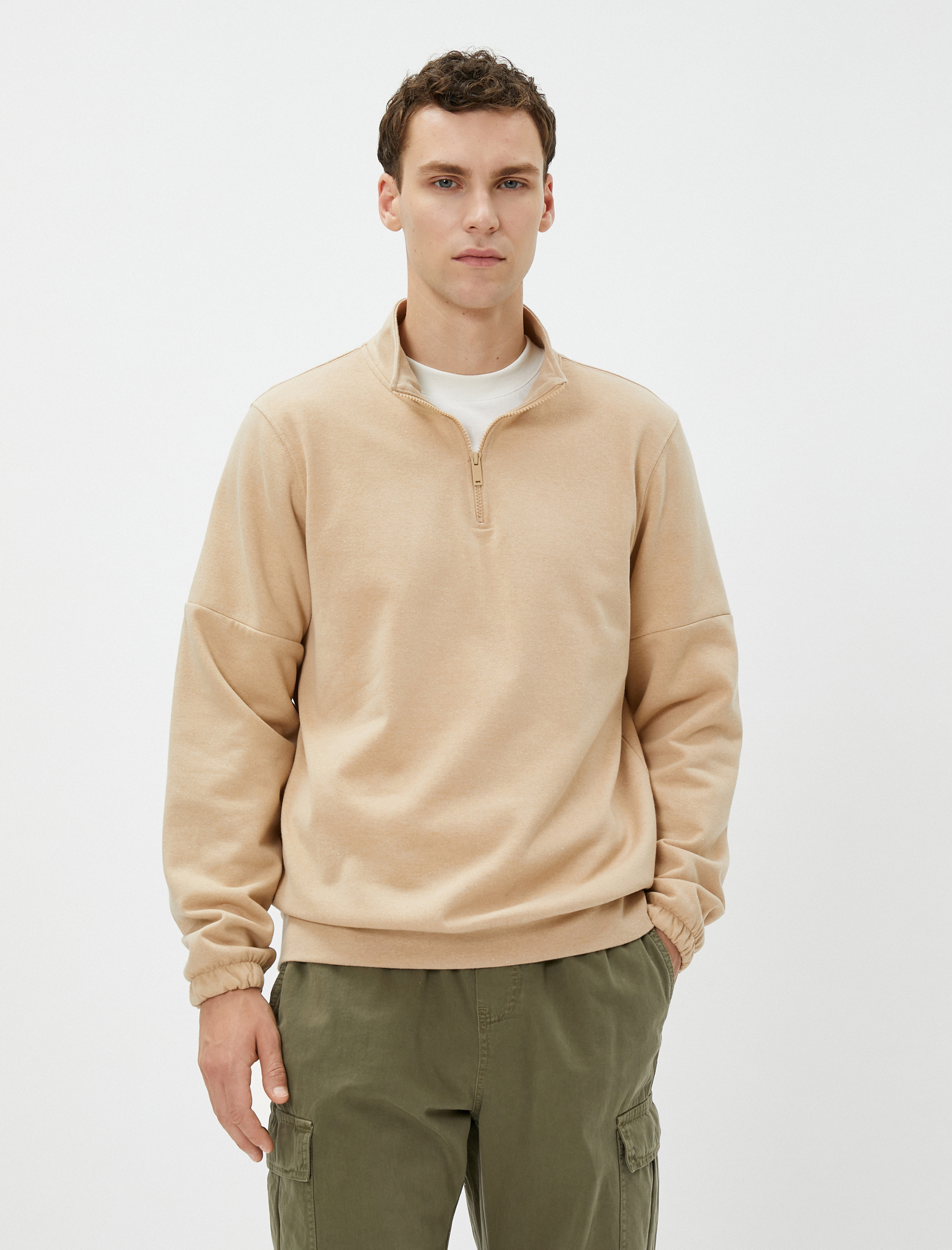   Basic Sweat Yarım Fermuarlı Dik Yaka Uzun Kollu Şardonlu