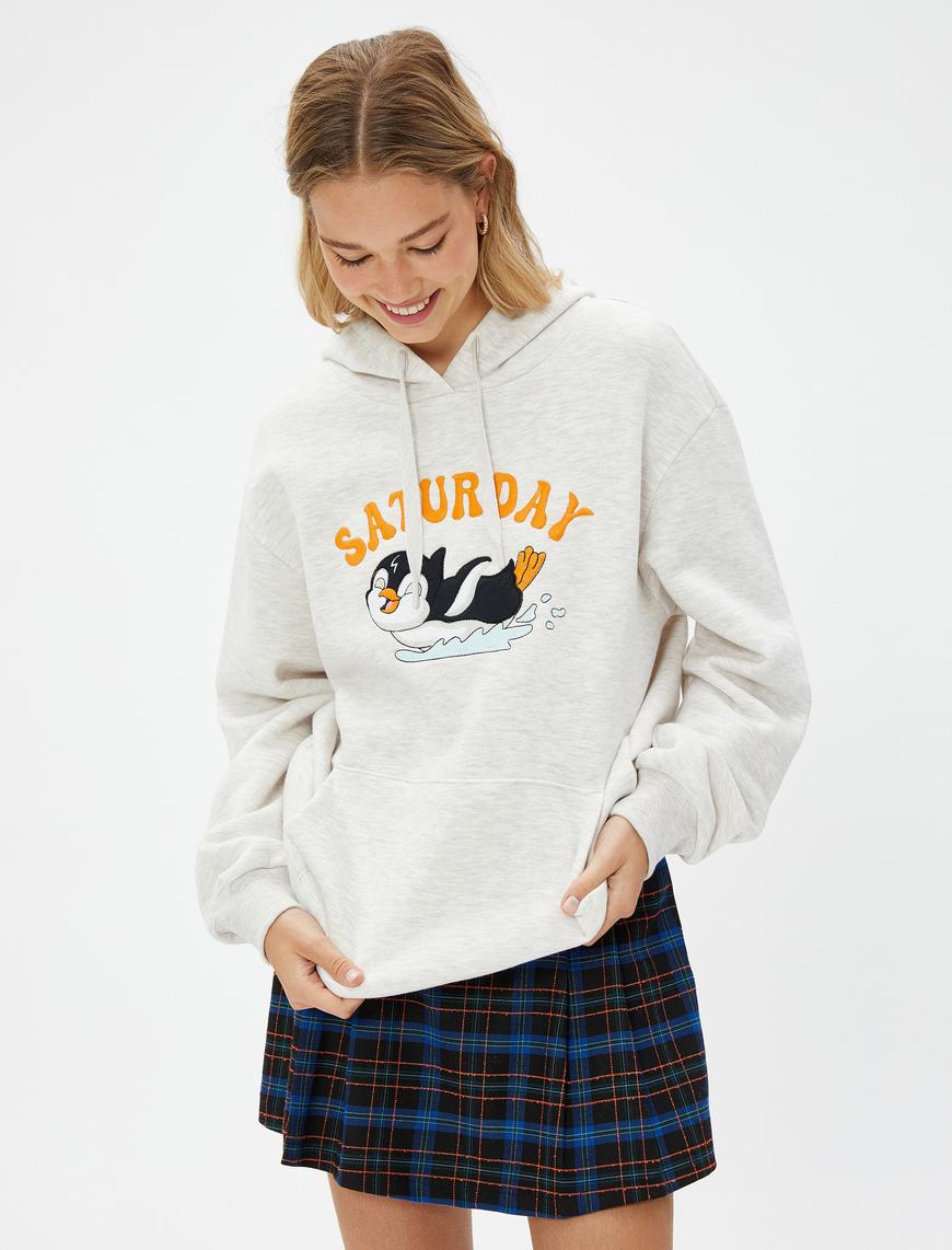   Şardonlu Oversize Sweatshirt Kapüşonlu Nakışlı Kanguru Cepli
