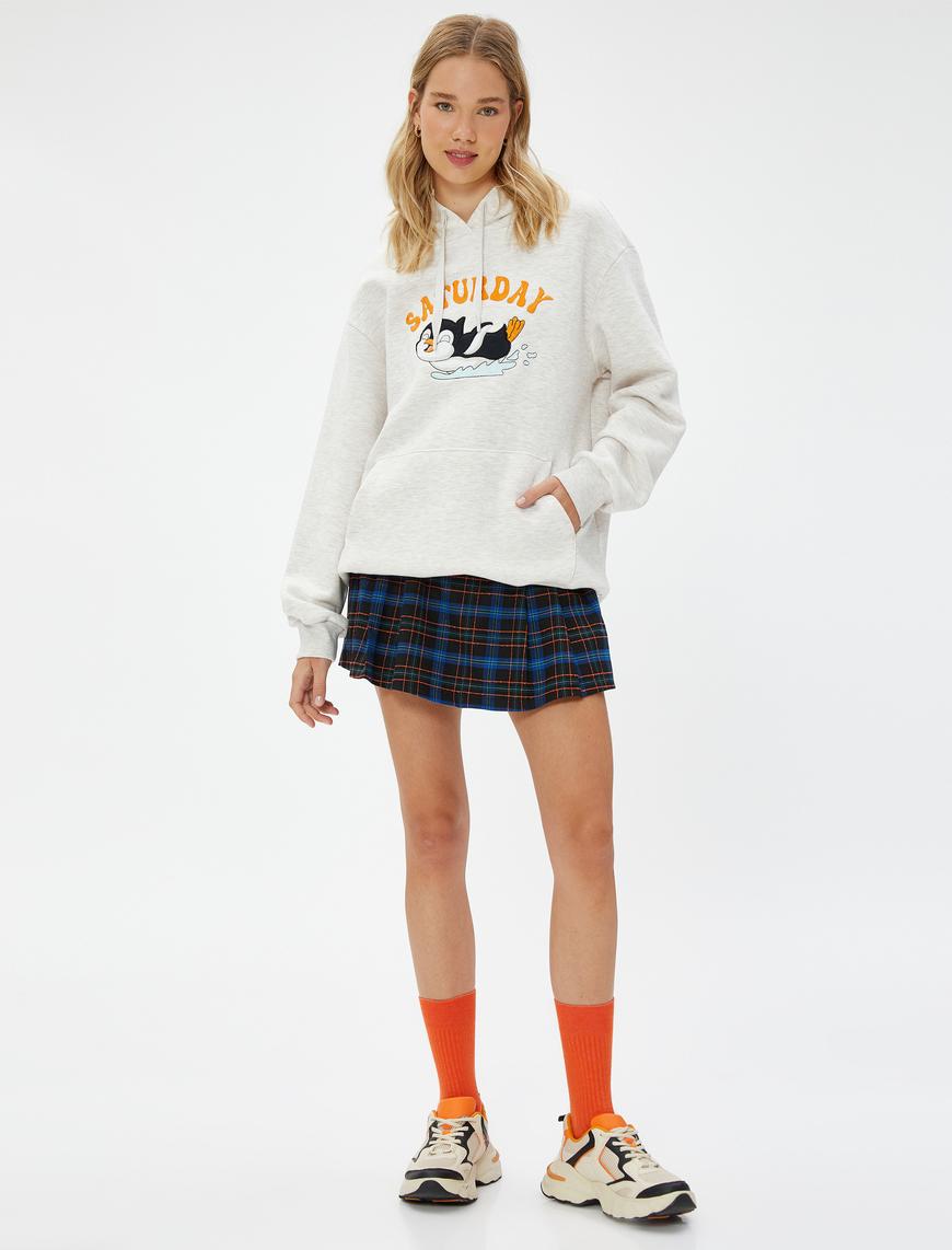   Şardonlu Oversize Sweatshirt Kapüşonlu Nakışlı Kanguru Cepli