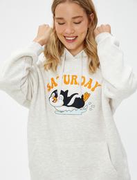 Şardonlu Oversize Sweatshirt Kapüşonlu Nakışlı Kanguru Cepli