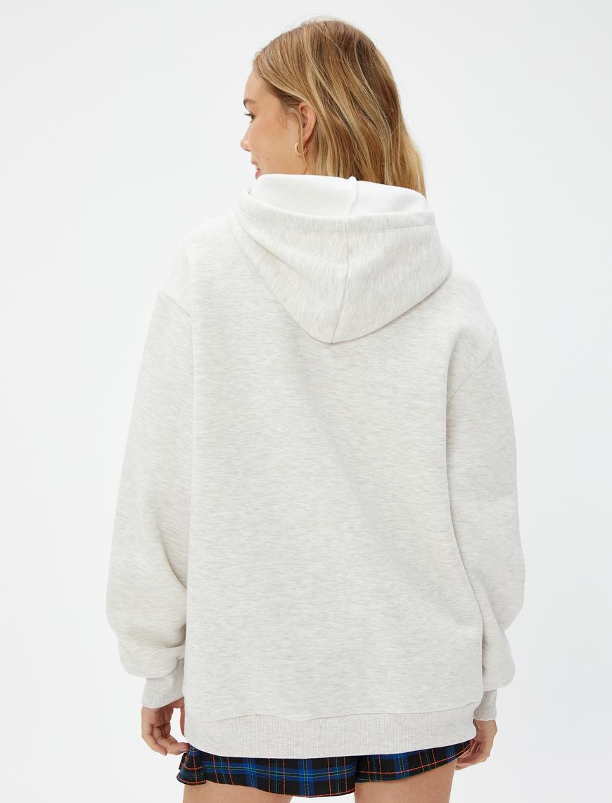   Şardonlu Oversize Sweatshirt Kapüşonlu Nakışlı Kanguru Cepli