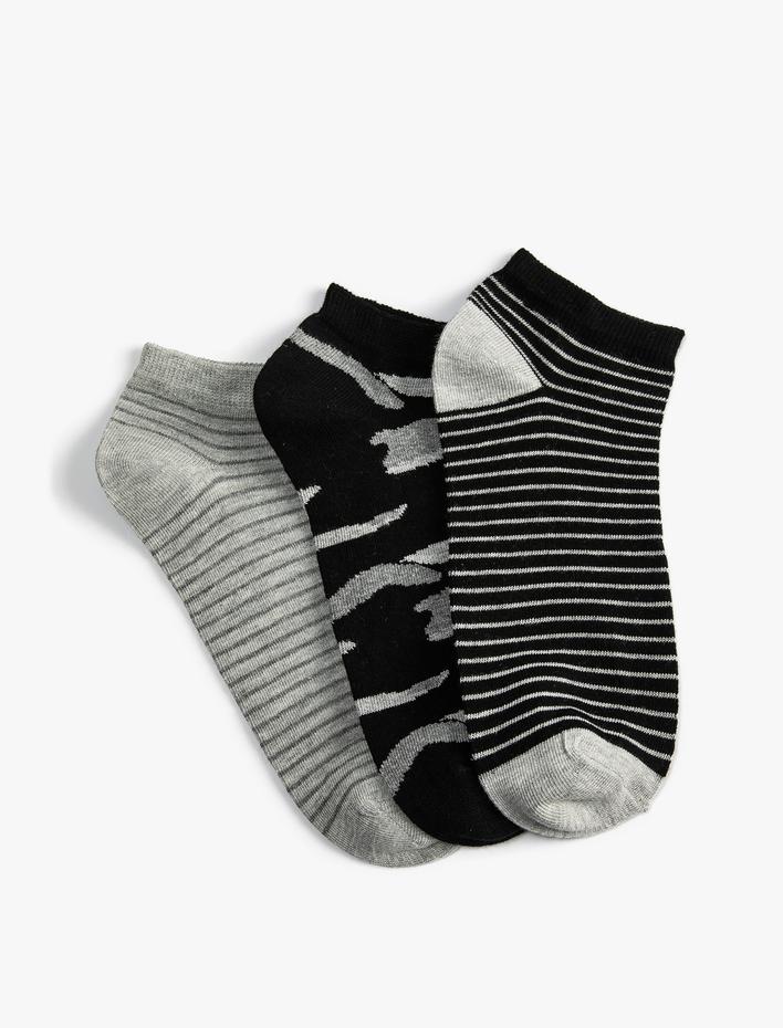 Erkek Çizgili 3'lü Patik Çorap Seti Çok Renkli Kamuflaj Desenli