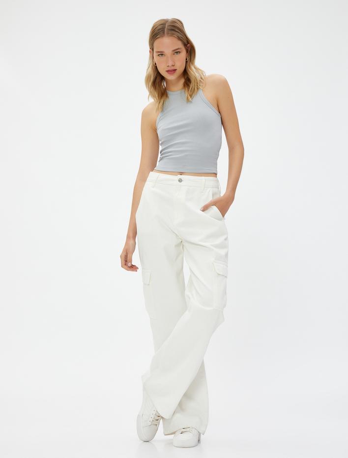  Halter Yaka Fitilli Atlet Basic Biye Detaylı Pamuklu