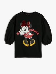 Minnie Mouse Sweat Elbise Lisanslı Uzun Balon Kollu Bisiklet Yaka