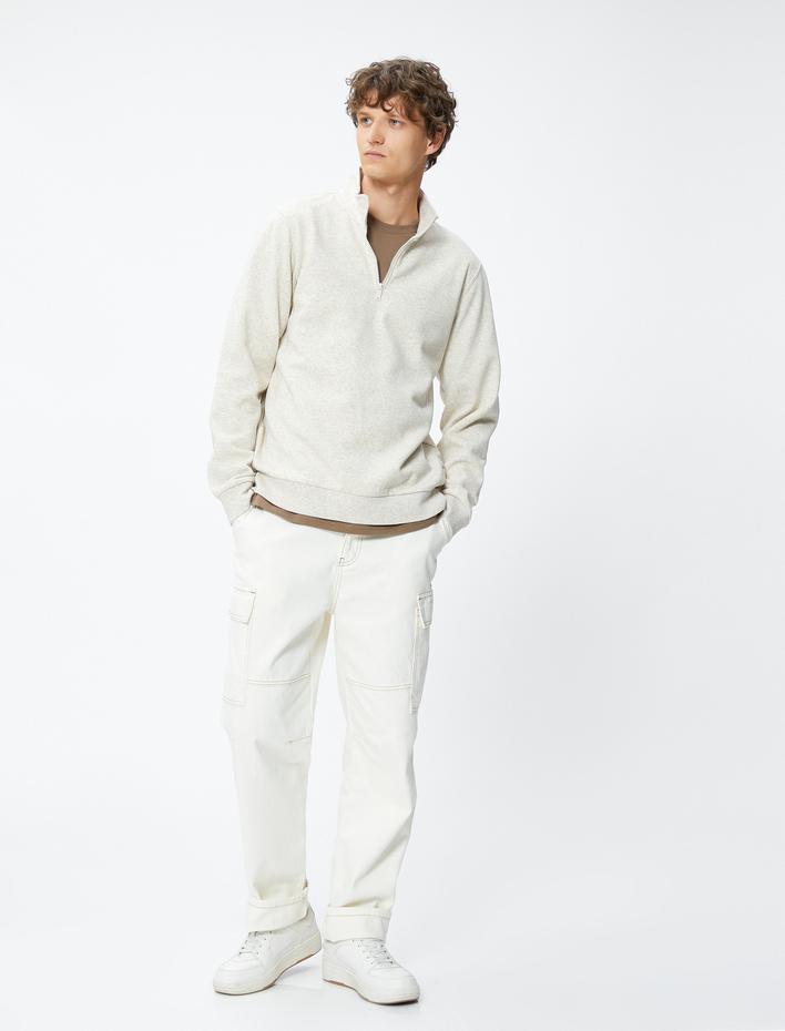  Yarım Fermuarlı Sweatshirt Dik Yaka Uzun Kollu Şardonlu