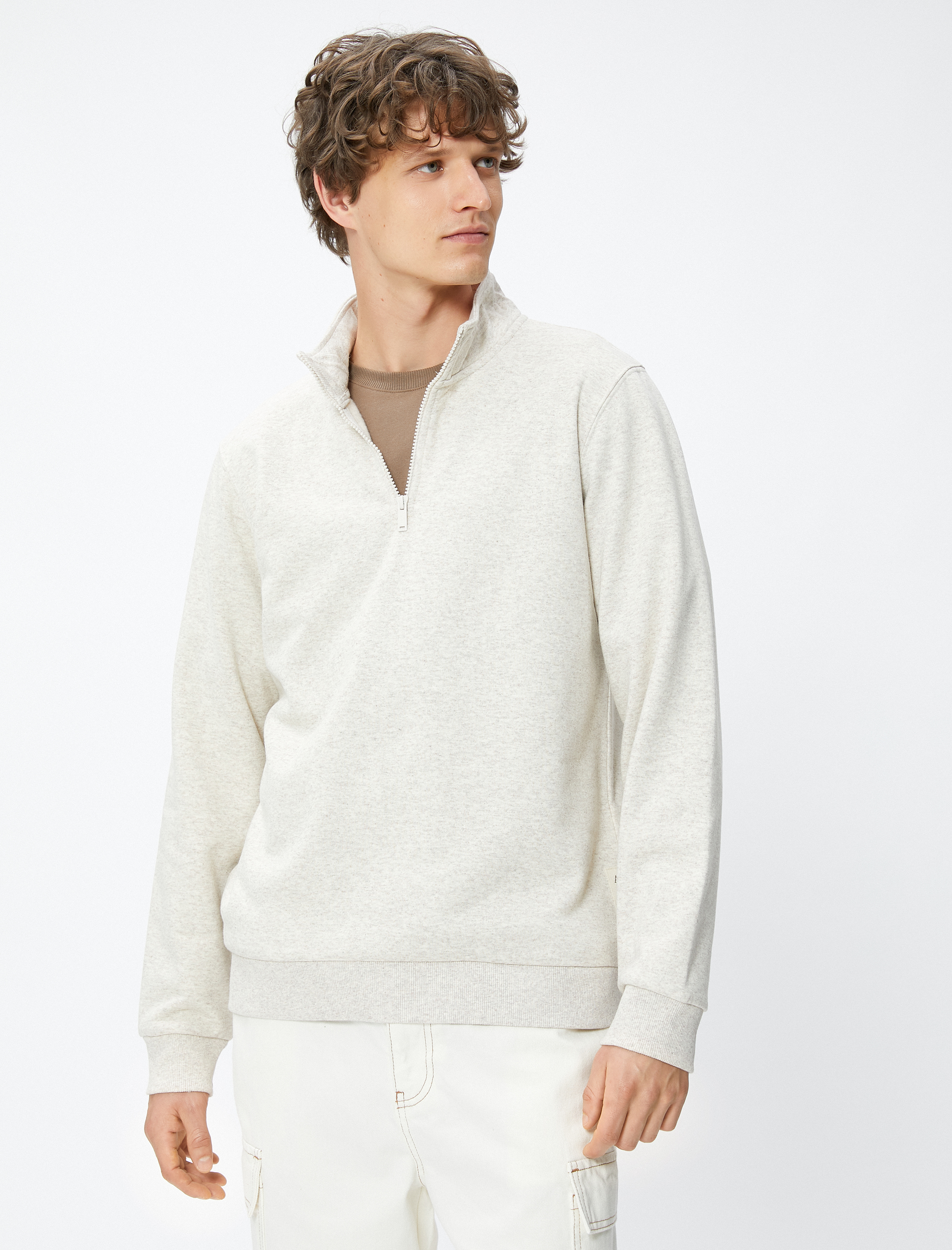   Yarım Fermuarlı Sweatshirt Dik Yaka Uzun Kollu Şardonlu