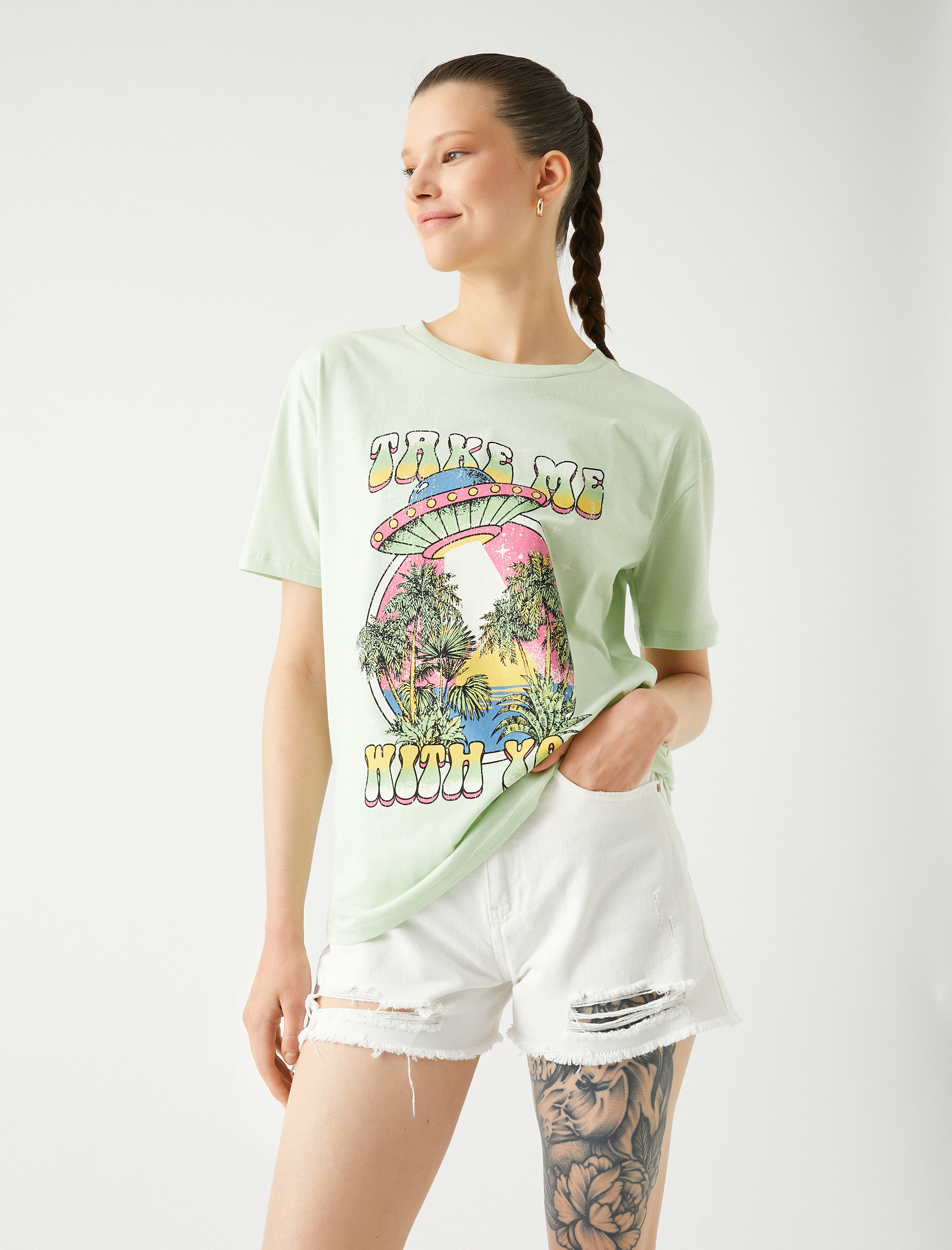   Baskılı Tişört Bisiklet Yaka Kısa Kollu Pamuklu