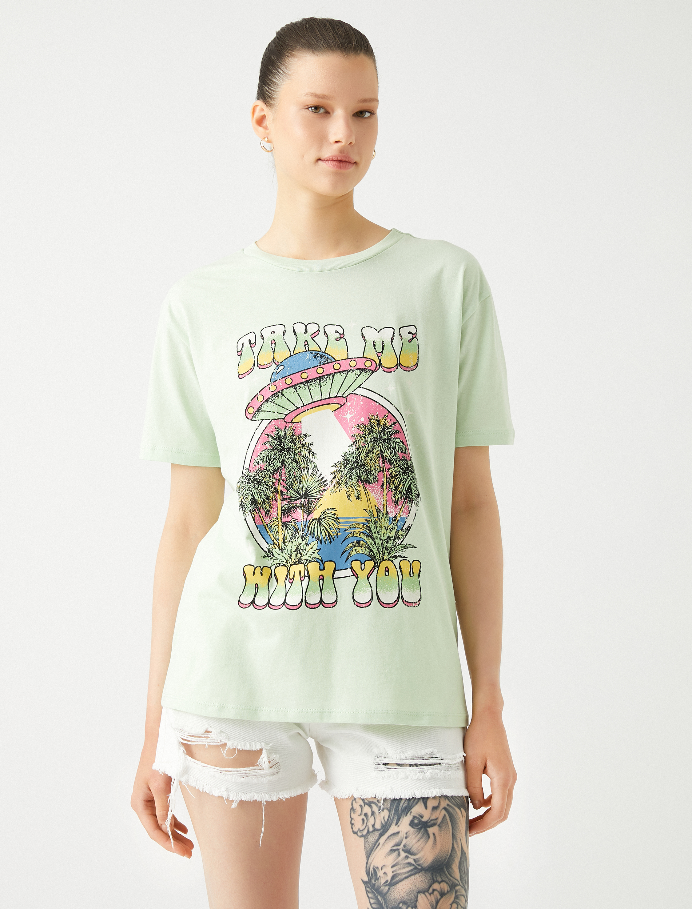   Baskılı Tişört Bisiklet Yaka Kısa Kollu Pamuklu