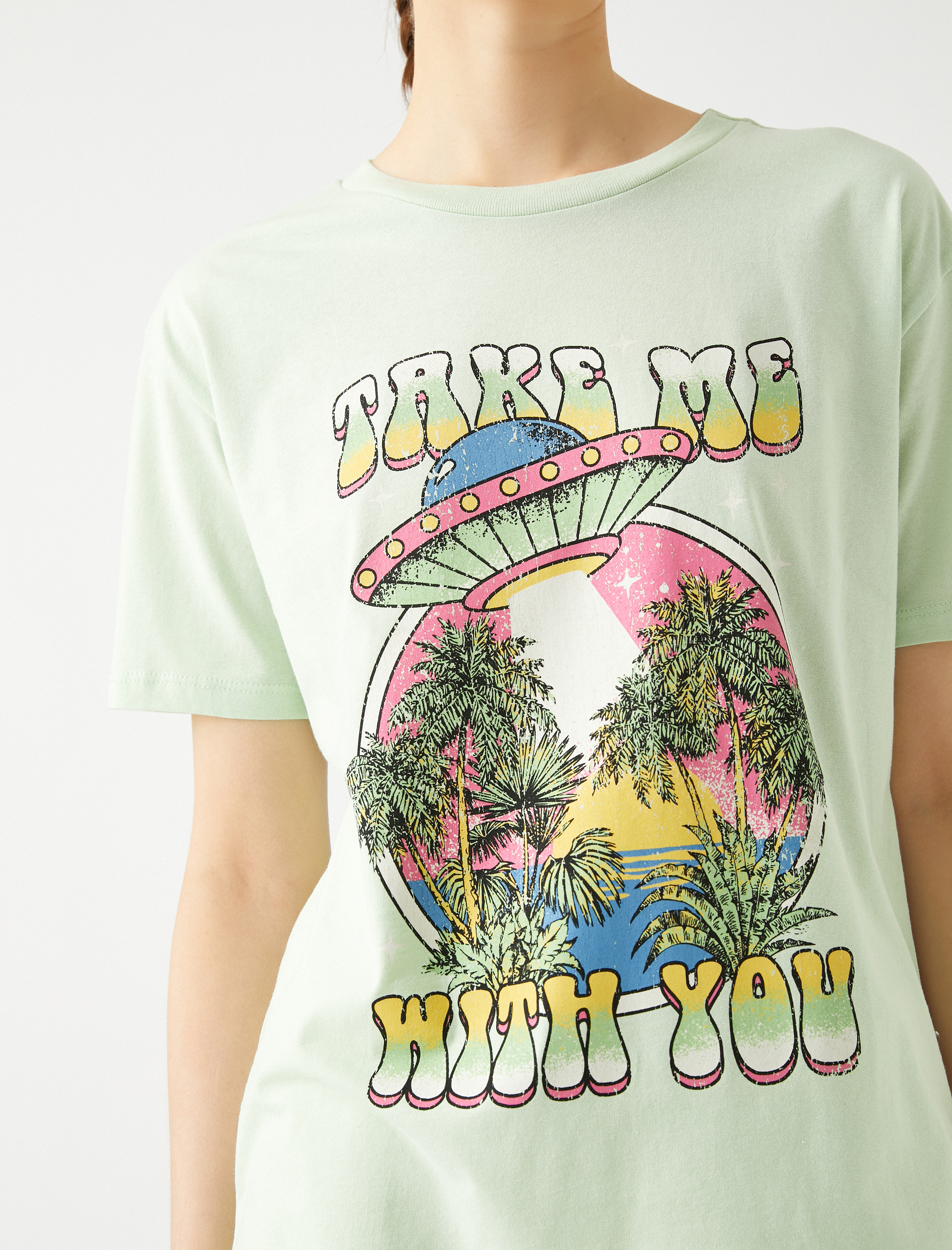   Baskılı Tişört Bisiklet Yaka Kısa Kollu Pamuklu