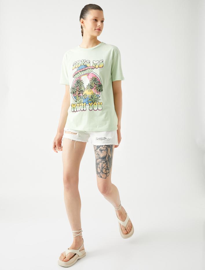  Baskılı Tişört Bisiklet Yaka Kısa Kollu Pamuklu